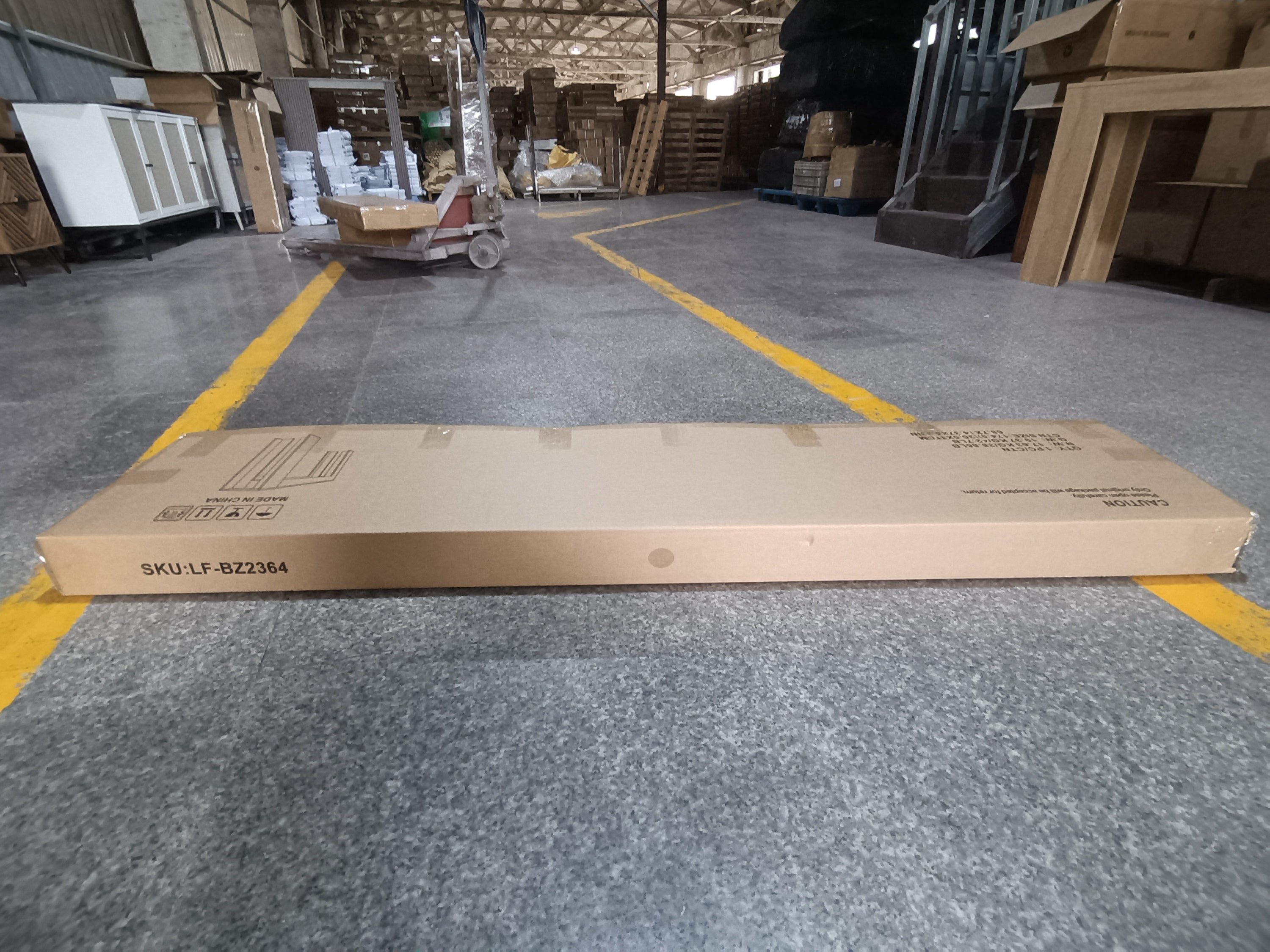 Flat-packed Farmhouse Oak Console Table - Extra-Long Entryway Table in sealed cardboard box, ready for shipping or storage.