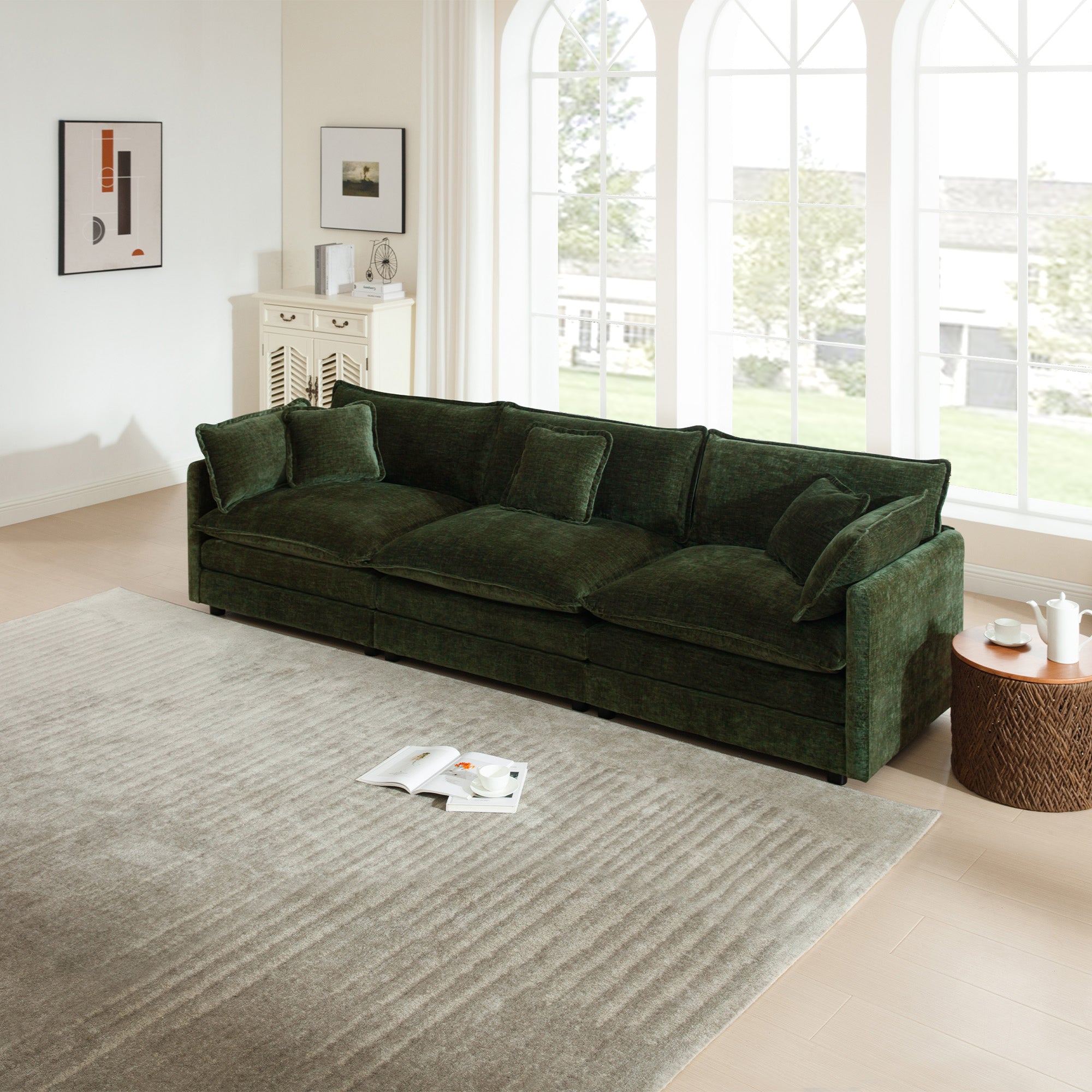 Sage Green 3-Seater Chenille Sofa with Included Toss Pillows