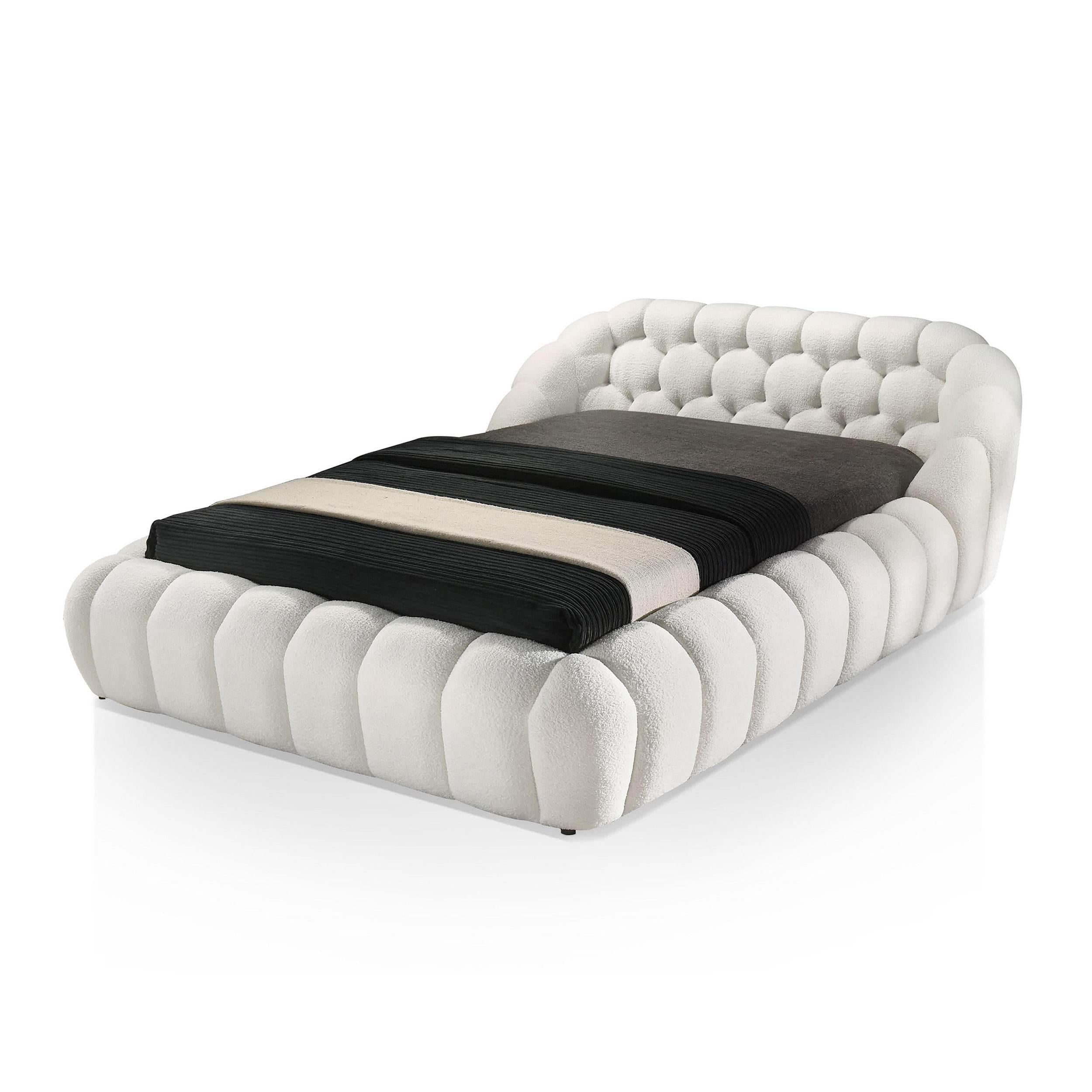 White Chenille King Size Bed with Contemporary Style.