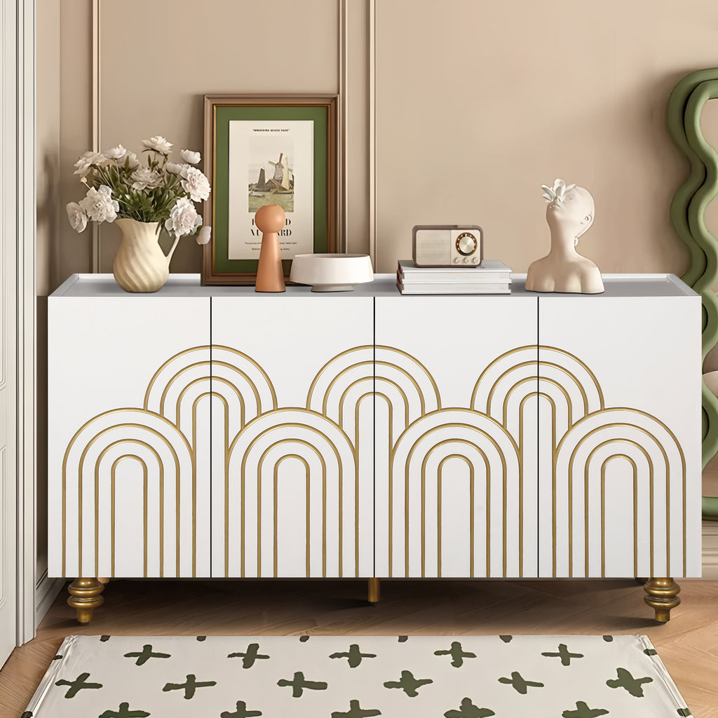 Modern Fluted Sideboard Buffet with Storage, Curve Element, 4 Doors with Adjustable Shelves, White