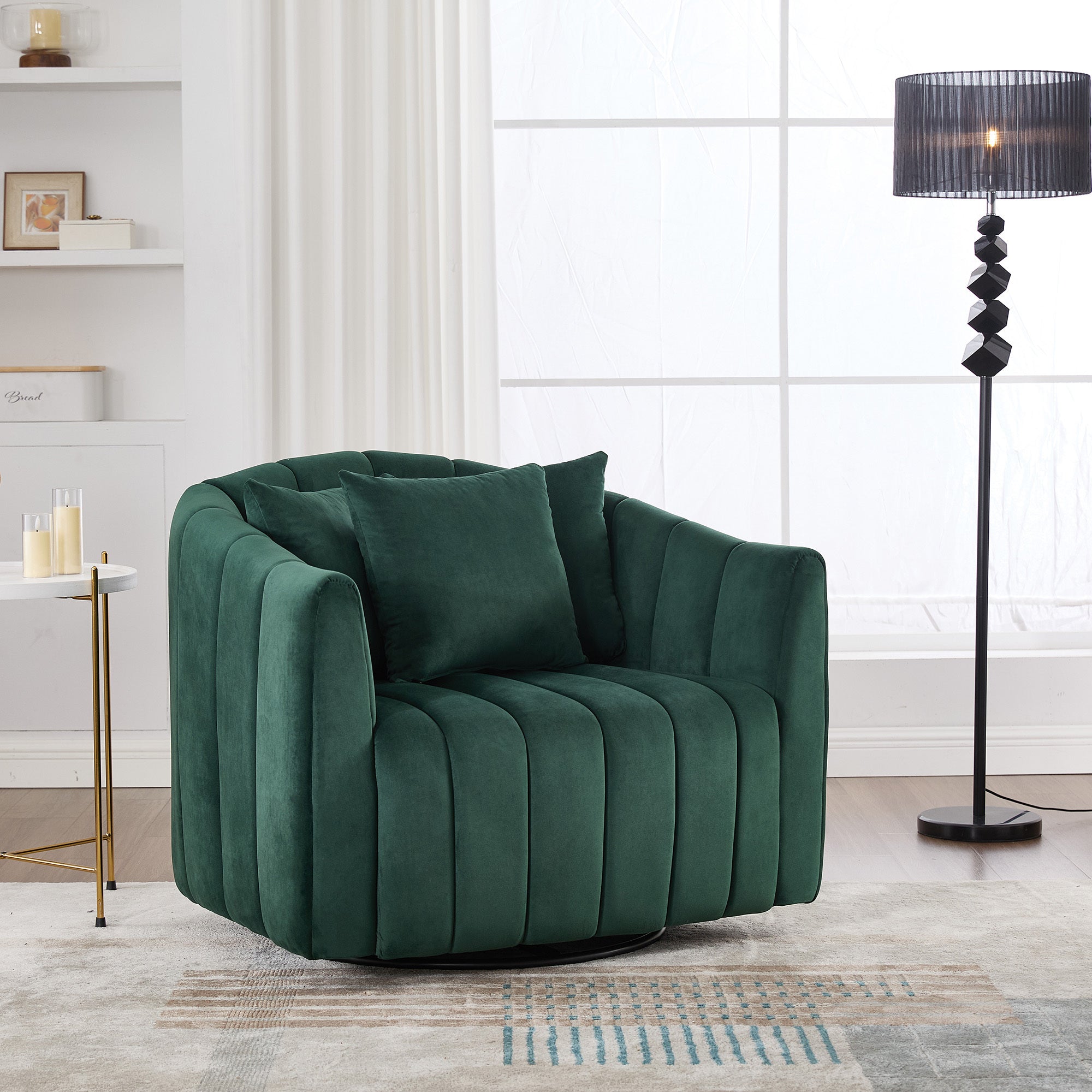 39-Inch Green Velvet Swivel Barrel Chair with Channel Tufted Design