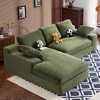 Angled view of green corduroy sofa with soft pillows and plush seating. Ideal for cozy, stylish living room arrangements.