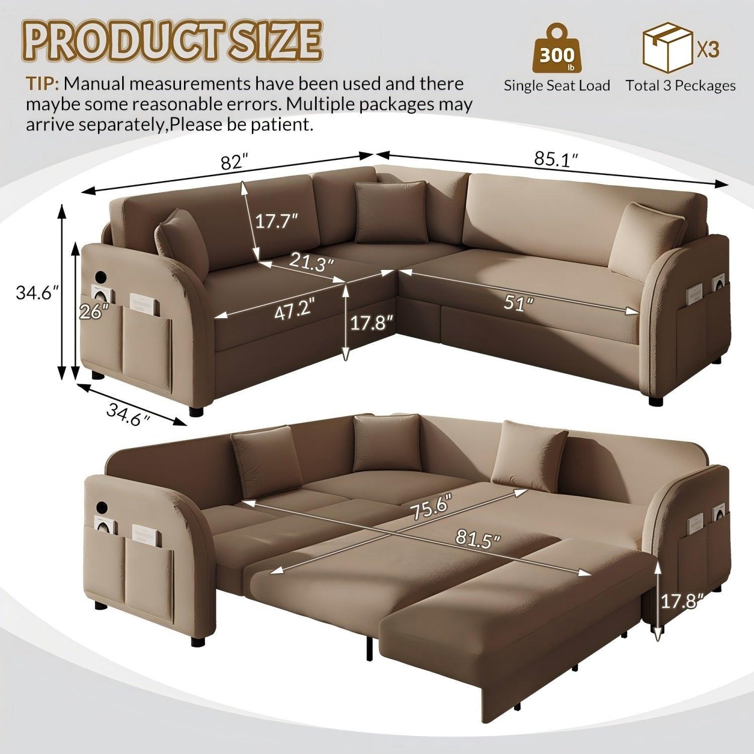 85.1' L-Shaped Pull-Out Sofa Bed with USB Port.