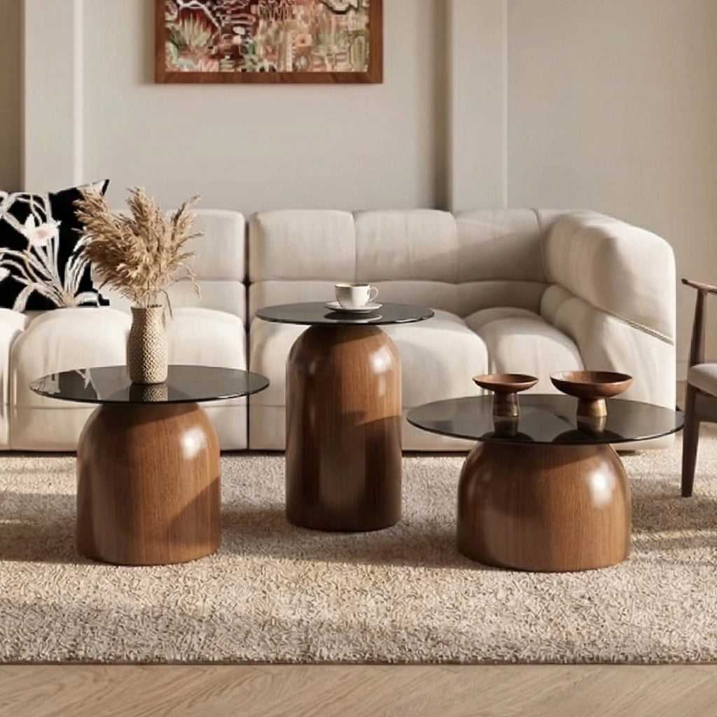 Nesting Coffee Table Set of 3 in Walnut with Glass Top