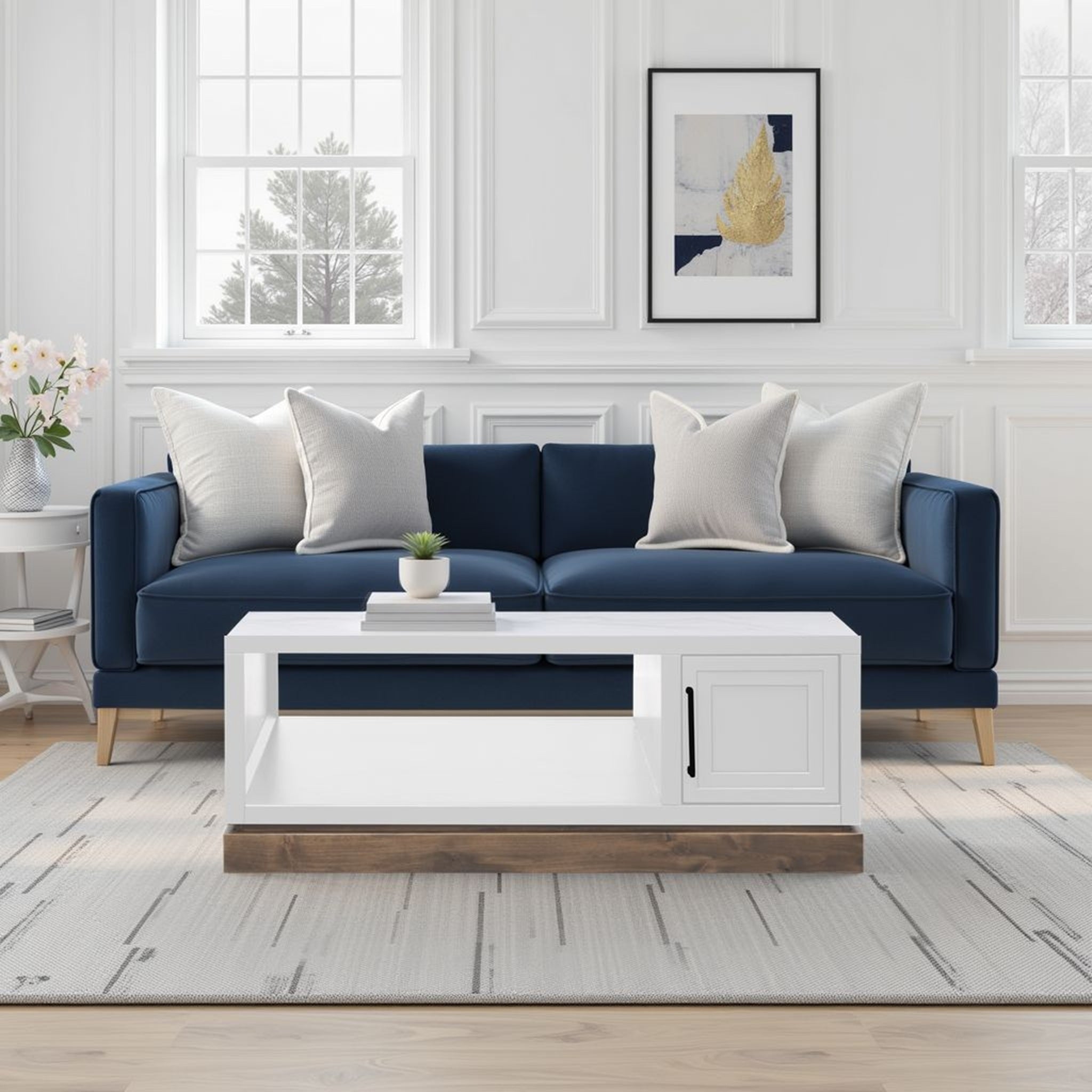 Nora 48 inch Coffee Table - Jasmine White Barnwood styled in a modern living room with navy sofa and white walls, featuring concealed storage.