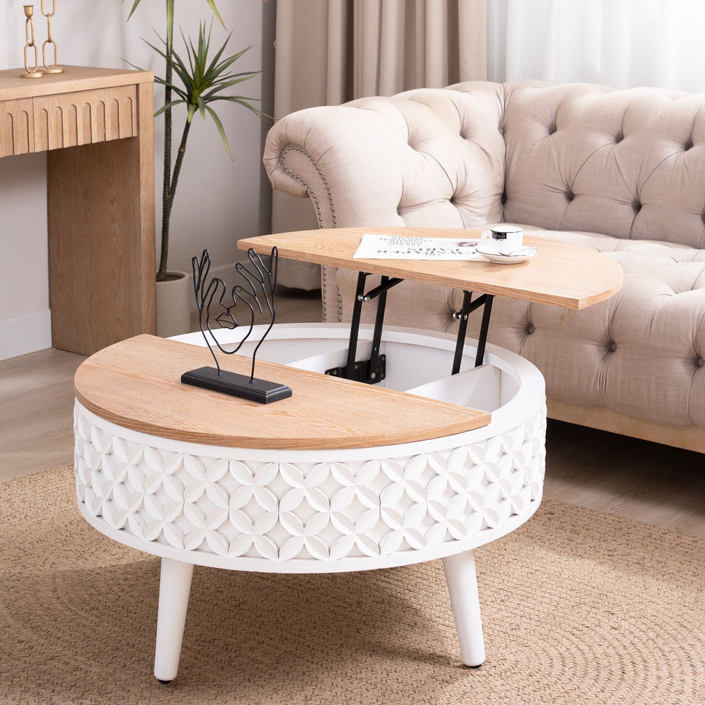 Lift-top round coffee table with hidden storage, white carved base and wood top, perfect for functional farmhouse interiors.