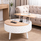 Lift-top round coffee table with hidden storage, white carved base and wood top, perfect for functional farmhouse interiors.