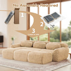 No assembly required modular sofa setup in three simple steps, featuring compact packaging and easy installation.