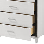 Close-up of White Wooden Storage Chest drawers with chrome handles and dovetail joints, highlighting build quality and finish.