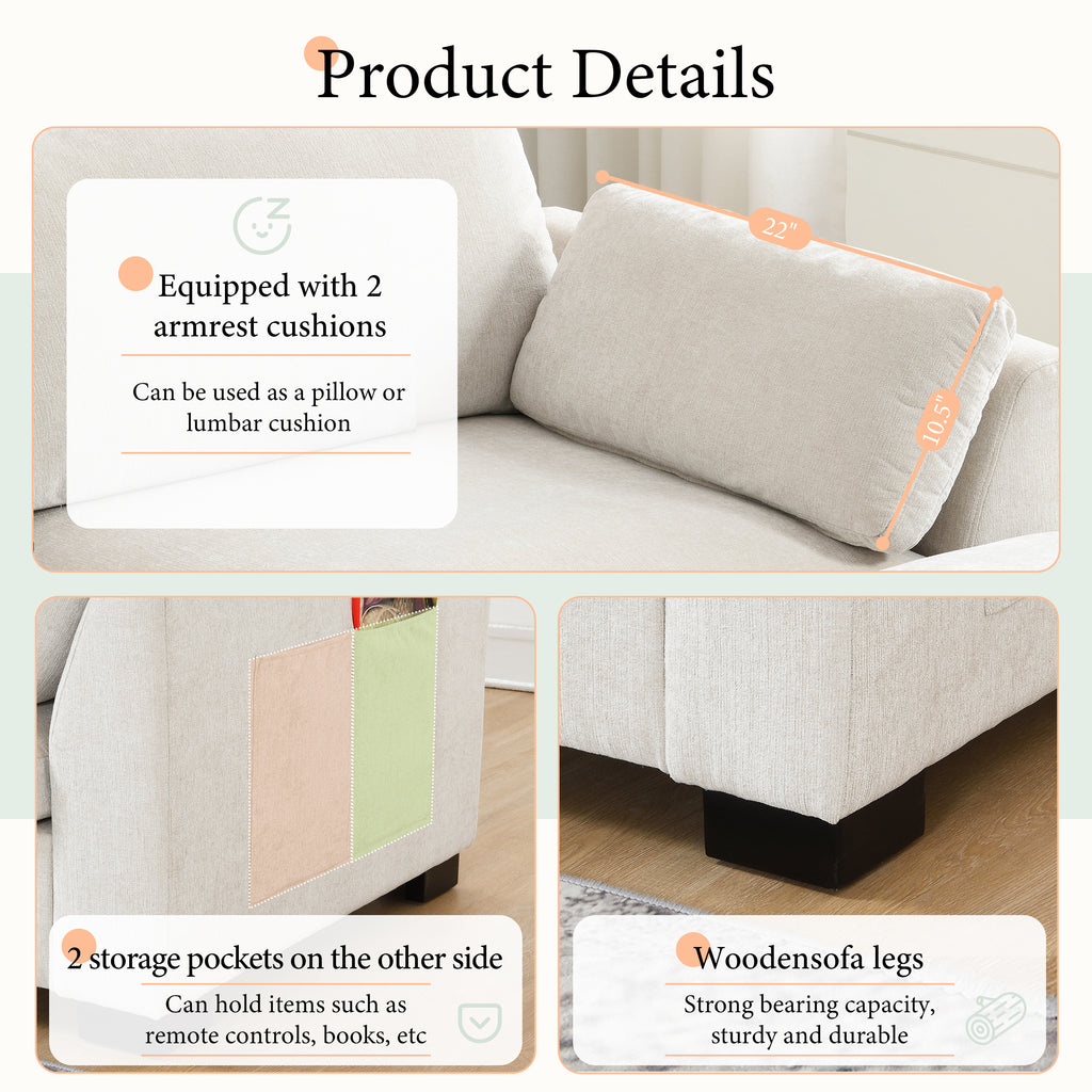 Product details of modular sectional sofa showing armrest cushions, side storage pockets, and sturdy wooden legs.
