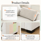 Product details of modular sectional sofa showing armrest cushions, side storage pockets, and sturdy wooden legs.