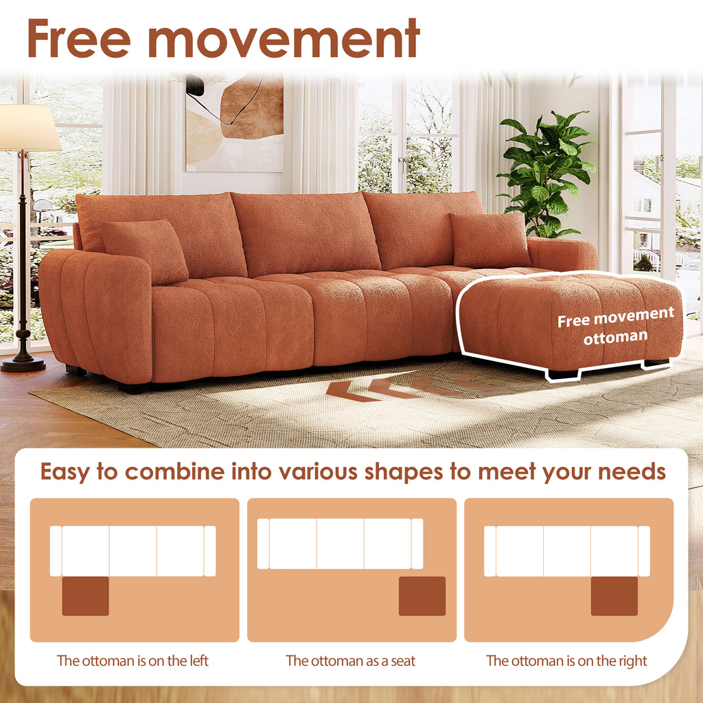 Modular sectional sofa with ottoman in boucle fabric shown in three layout options, offering flexible configurations for any room.