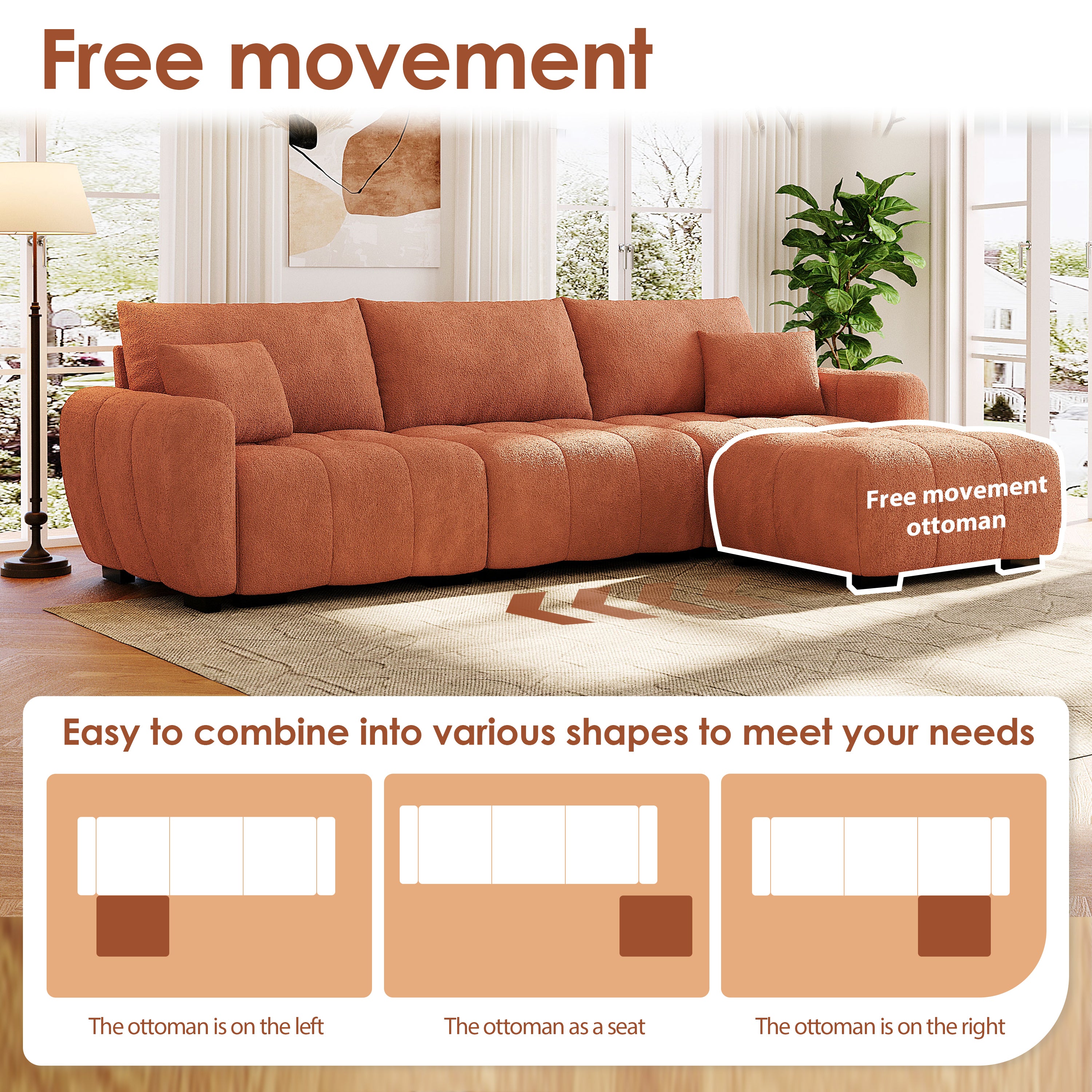 Modular sectional sofa with ottoman in boucle fabric shown in three layout options, offering flexible configurations for any room.