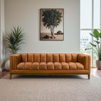 Modern Vegan Leather Mid-Century Cognac Sofa.