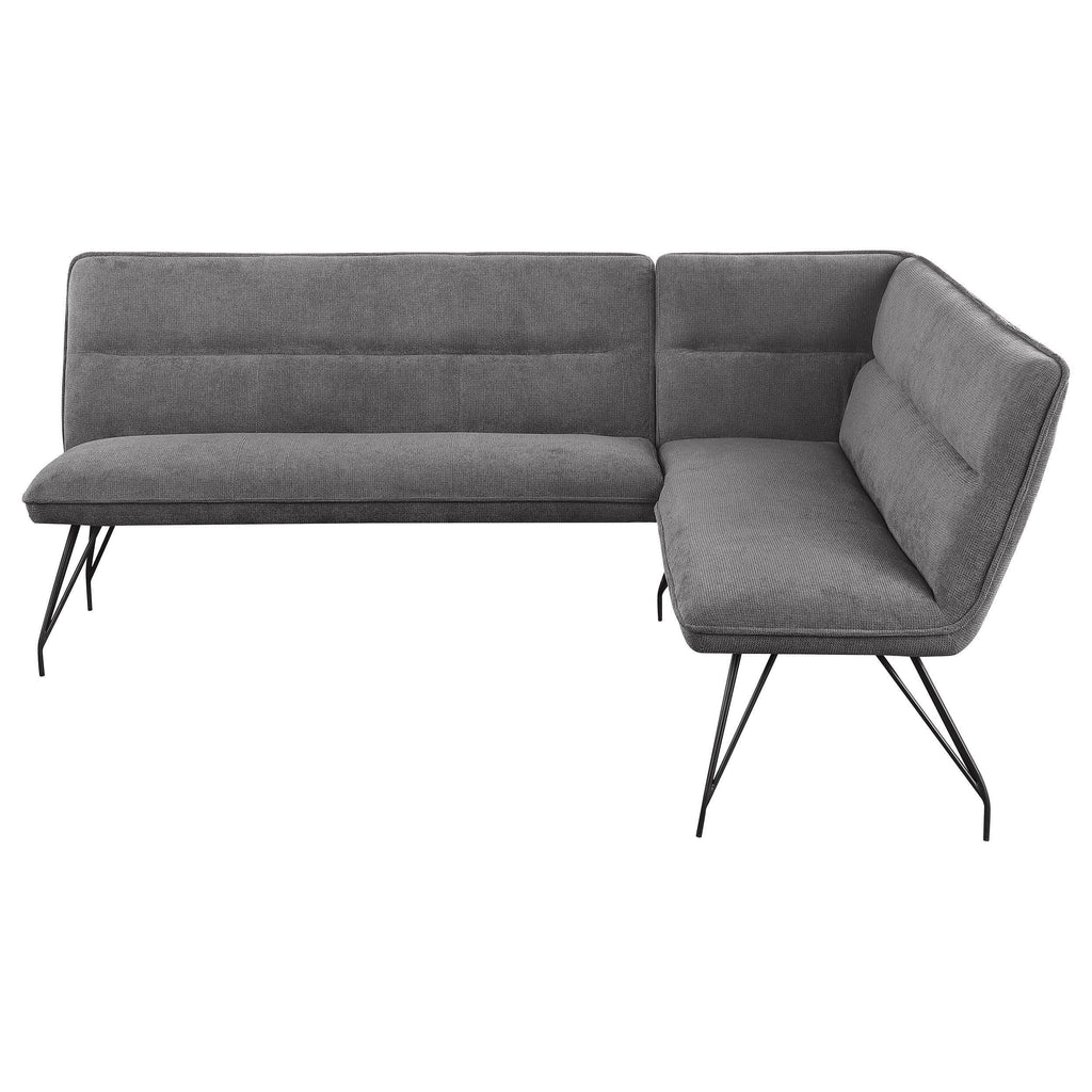 L-Shaped Dining Bench with Grey Upholstery and Retro Design.