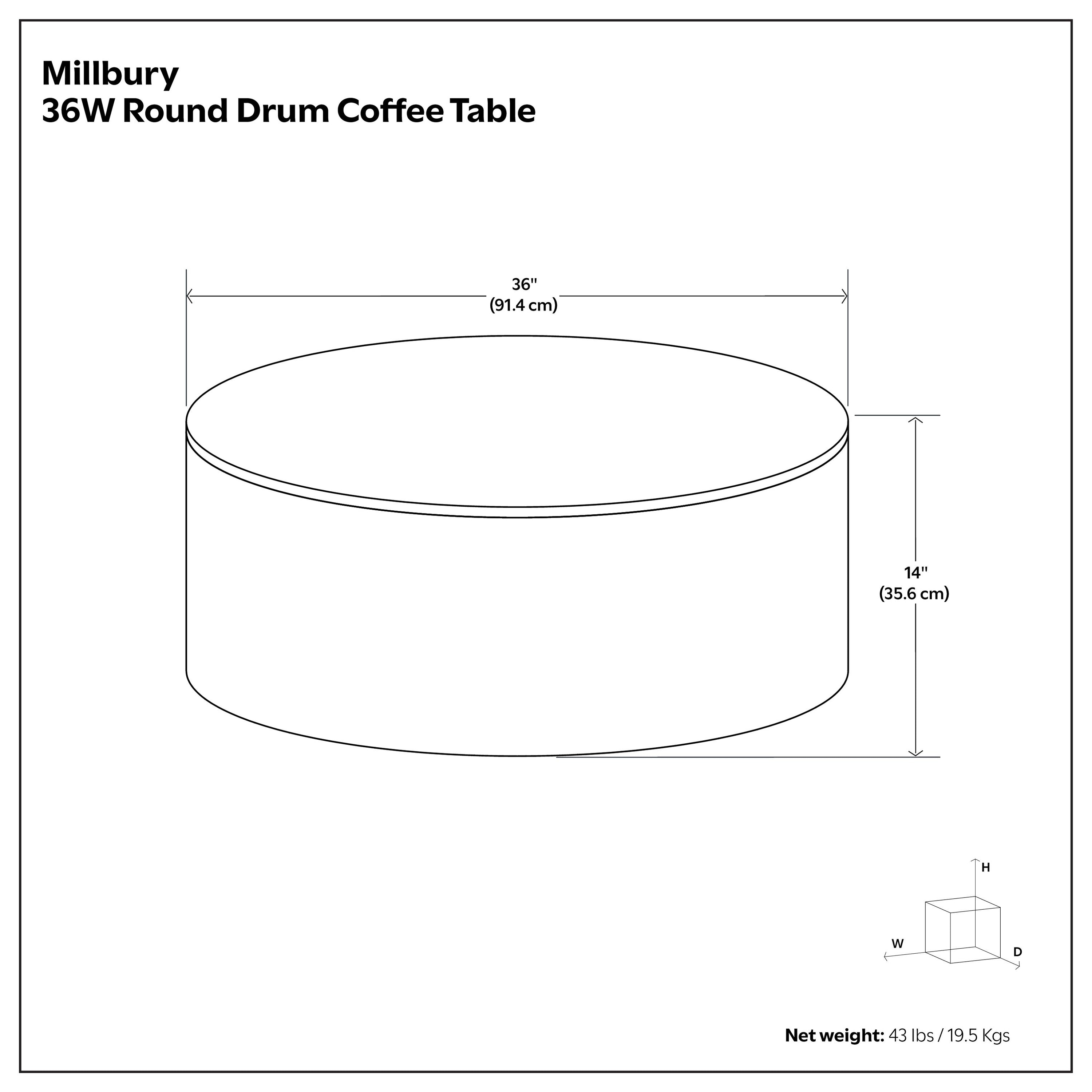Millbury Drum Coffee Table - Wood with dimension diagram showing 36-inch diameter and 14-inch height, ideal for modern interiors.