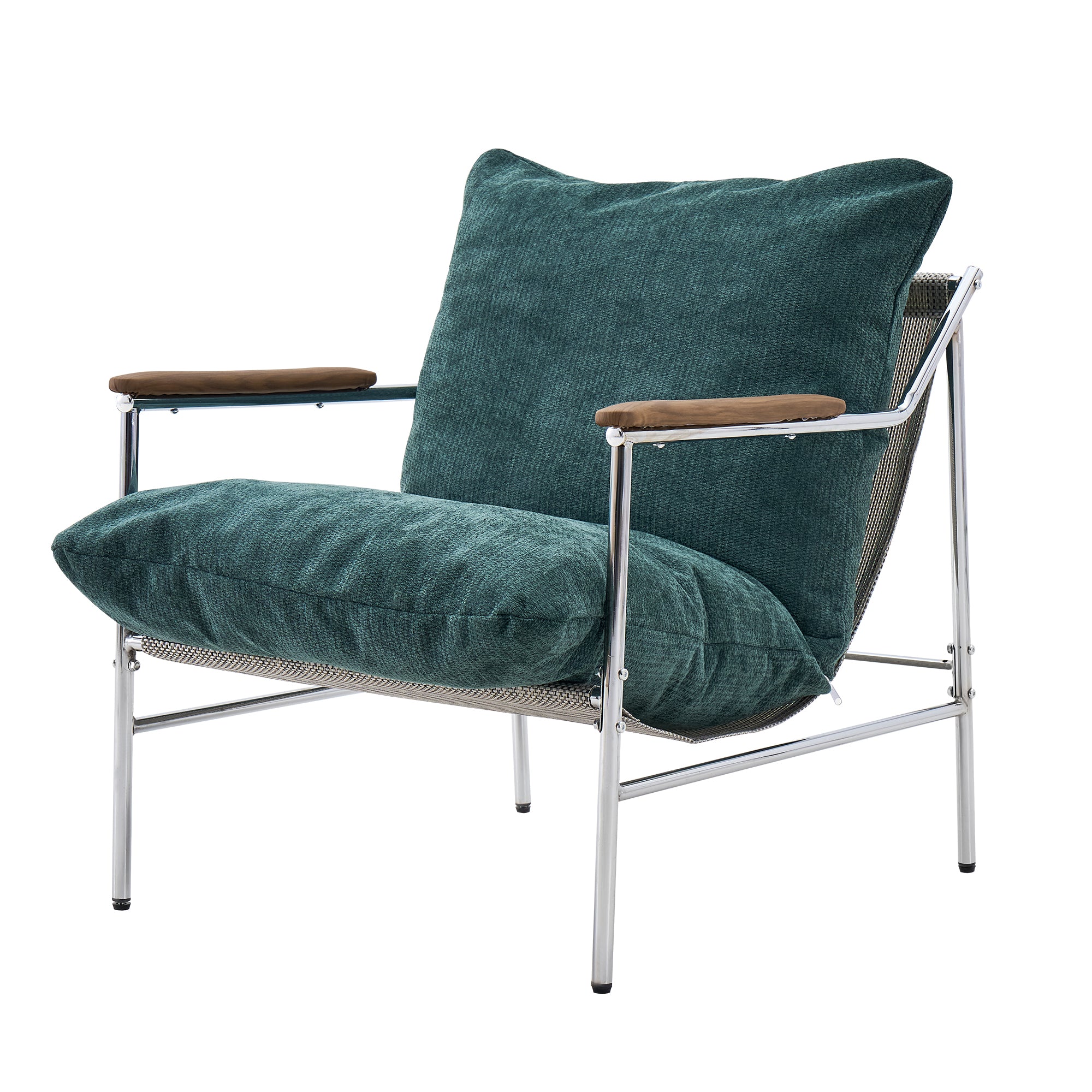 Green Chenille Mid-Century Modern Accent Chair with Wood Armrests