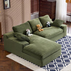 Green Corduroy Sofa with Cushions and Pillows.
