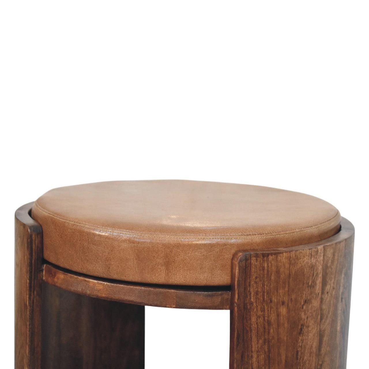 Savoy Leather Stool - Artisan Crafted Solid Wood.