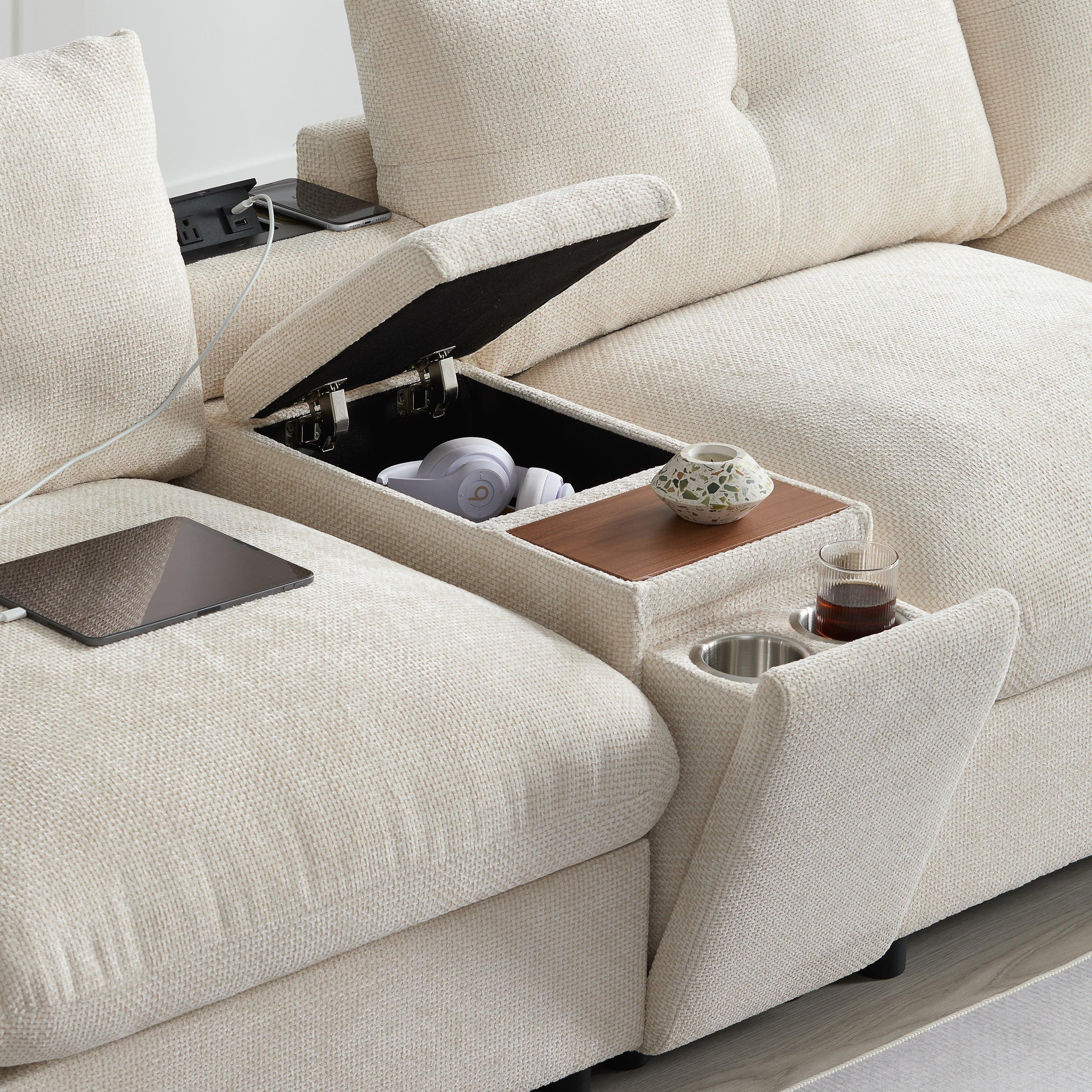 Modular Sectional Sofa with Console, Cup Holder, USB Charger.