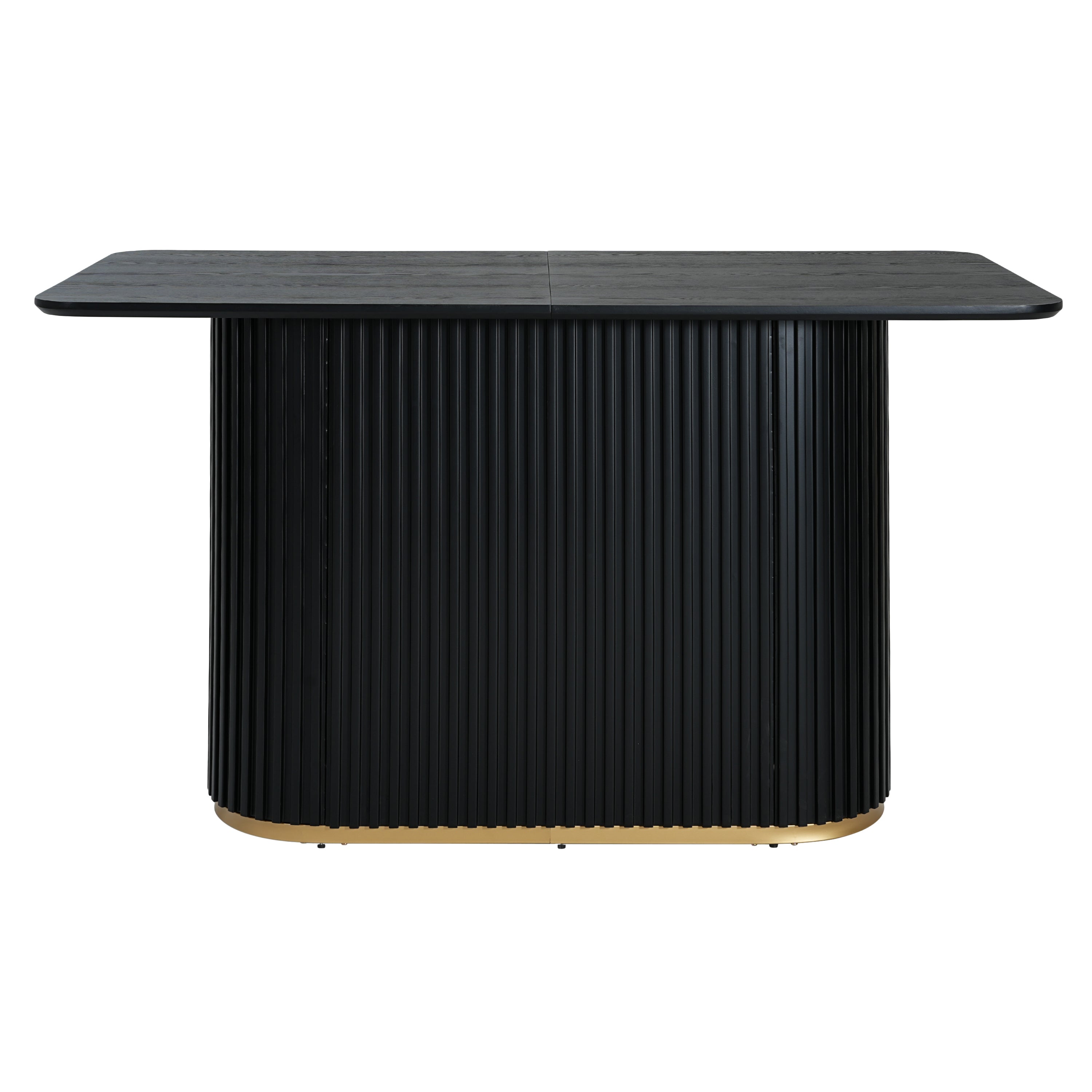 Front view of black dining counter table with vertical fluted base and gold accent, perfect for modern dining room settings.