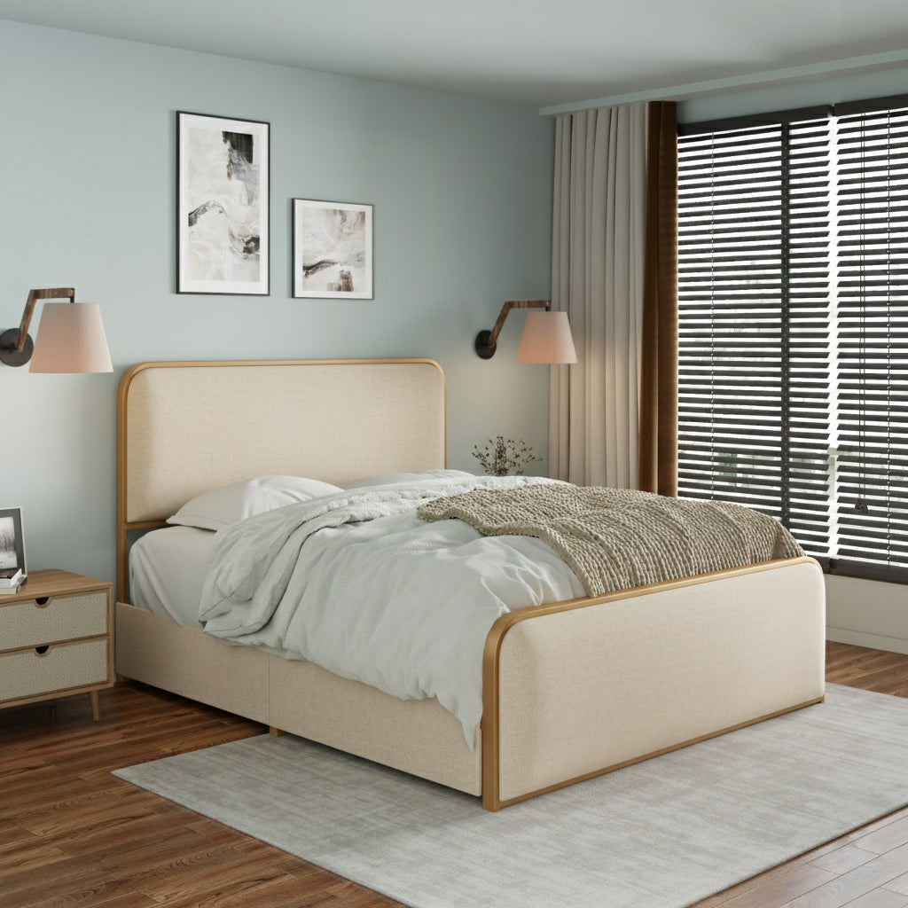 King Metal Bed Frame with Storage Drawers and Upholstered Headboard.