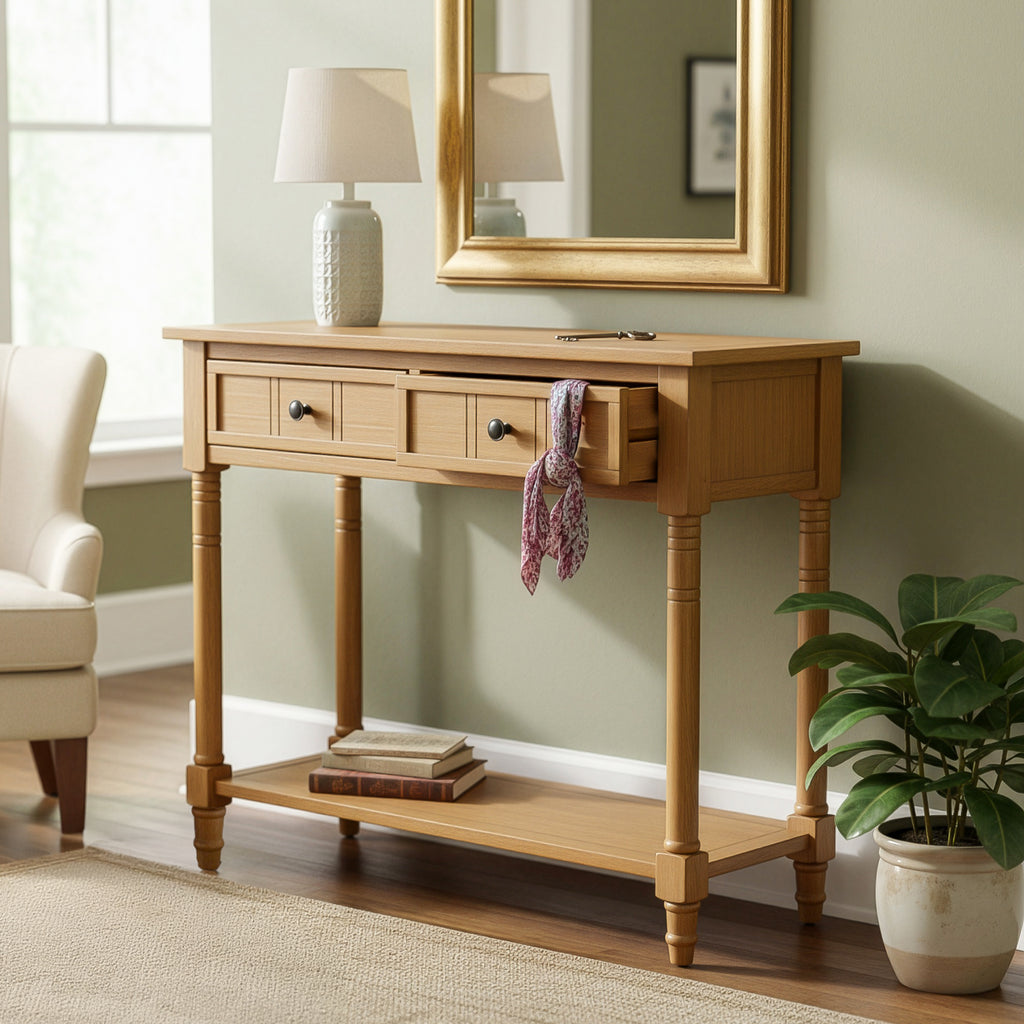TREXM Daisy Series Console Table Traditional Design with Two Drawers and Bottom Shelf (Natural)
