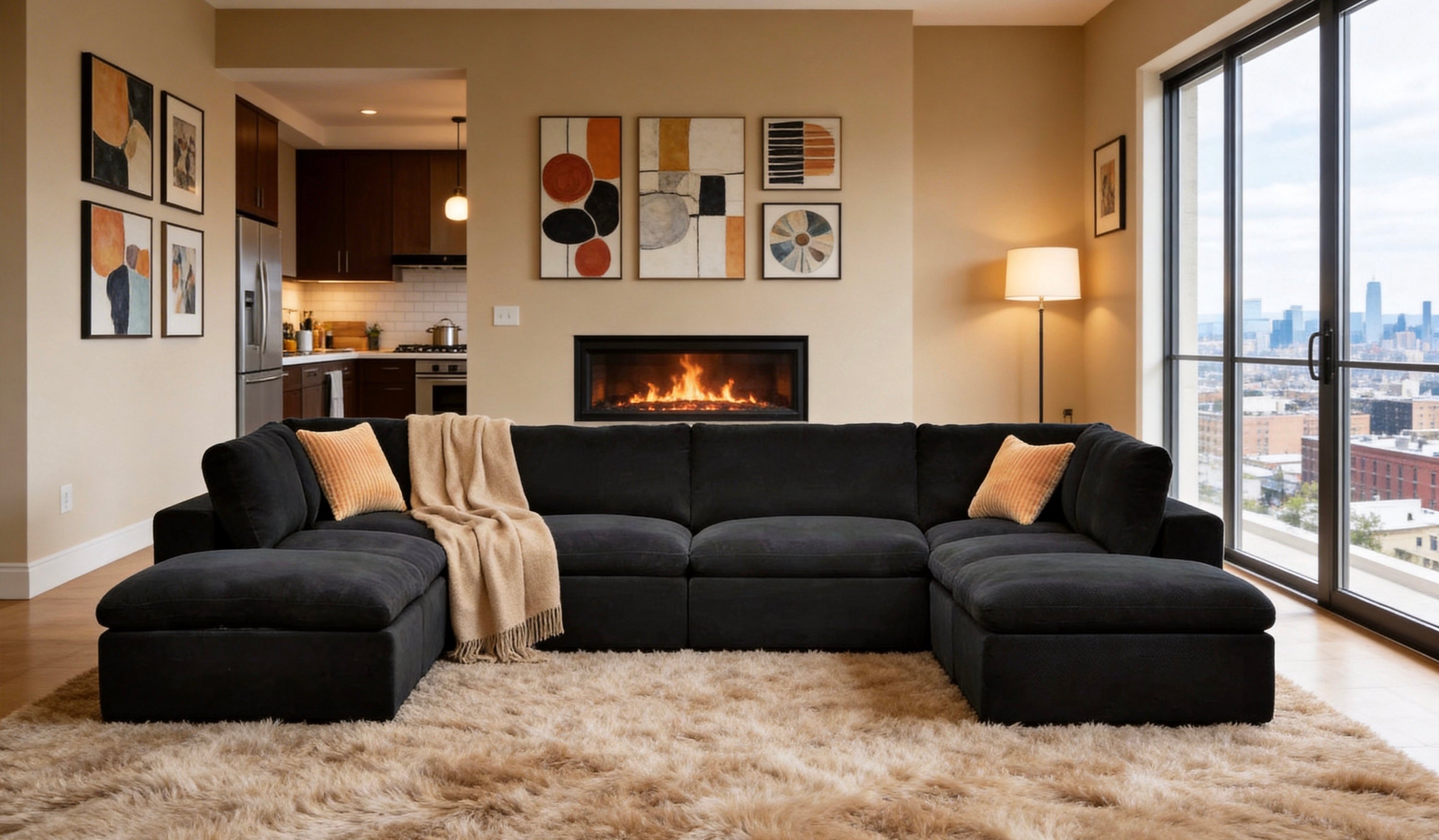 Dark charcoal, modular U-shaped sectional sofa with plush upholstery, beige toss pillows, and a draped throw blanket.