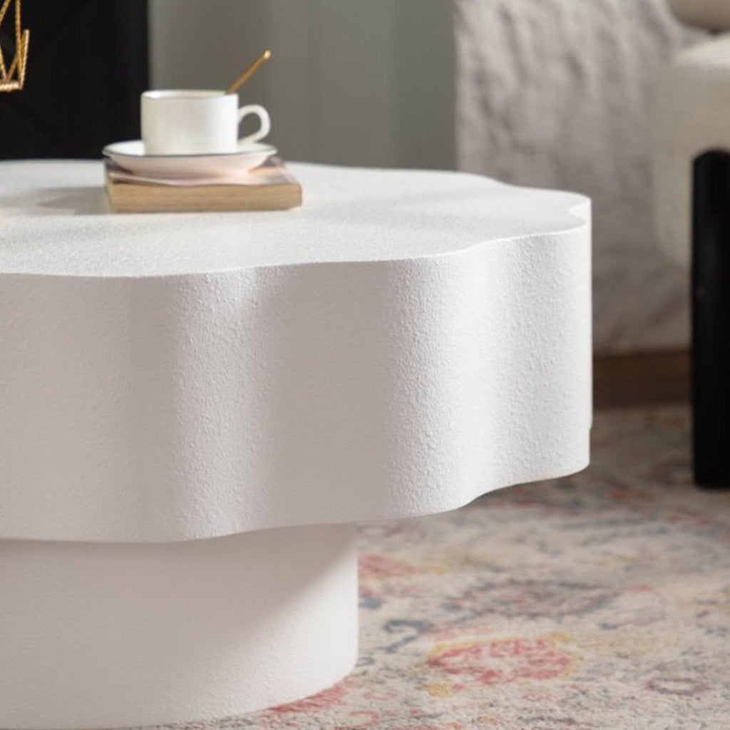 Scalloped White Coffee Table for Modern Living Spaces.