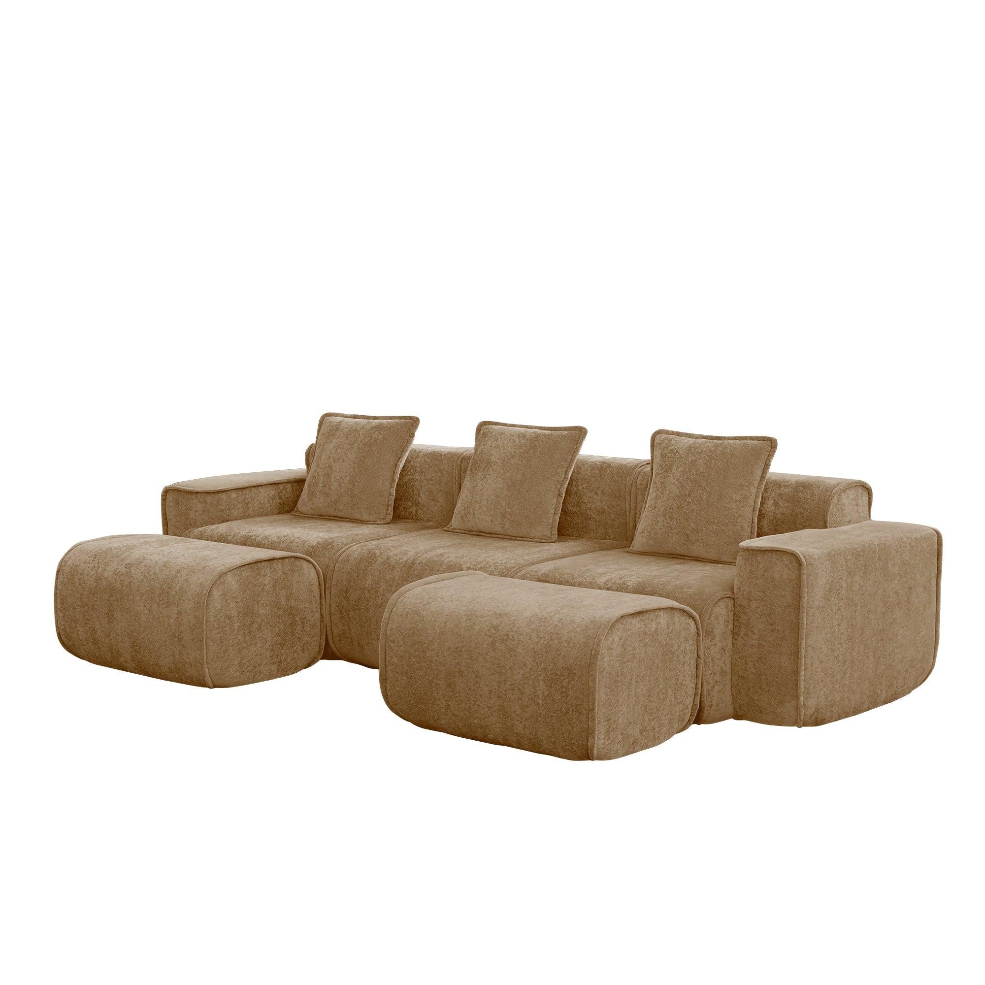Modular Velvet Brown 3 Seat Sectional Sofa with Ottomans.