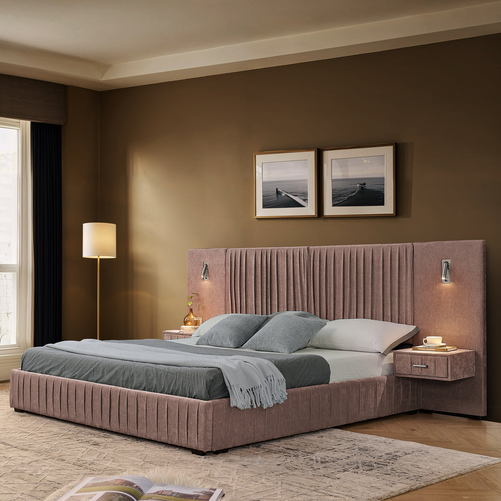 Queen size upholstered bed frame with vertical-stitched headboard and built-in side tables, ideal for modern bedrooms without box spring.