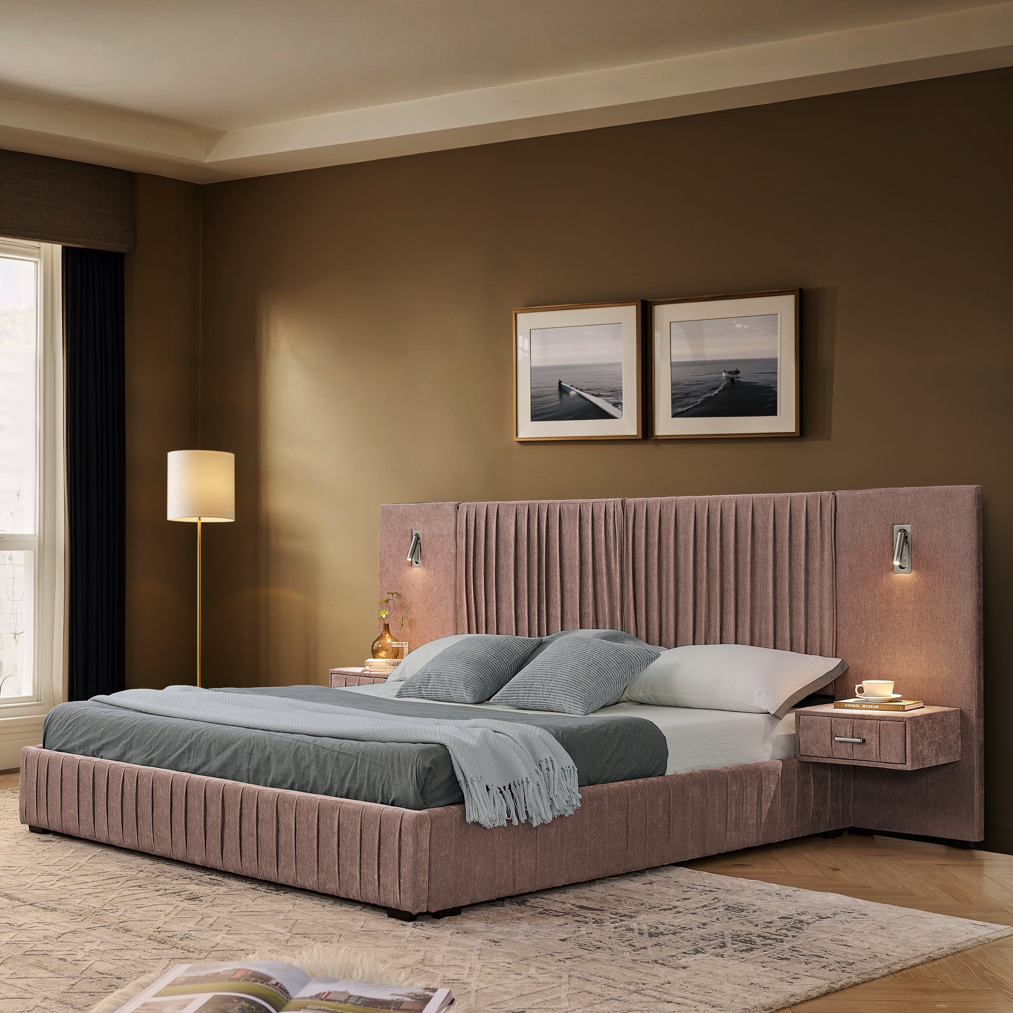 Queen size upholstered bed frame with vertical-stitched headboard and built-in side tables, ideal for modern bedrooms without box spring.