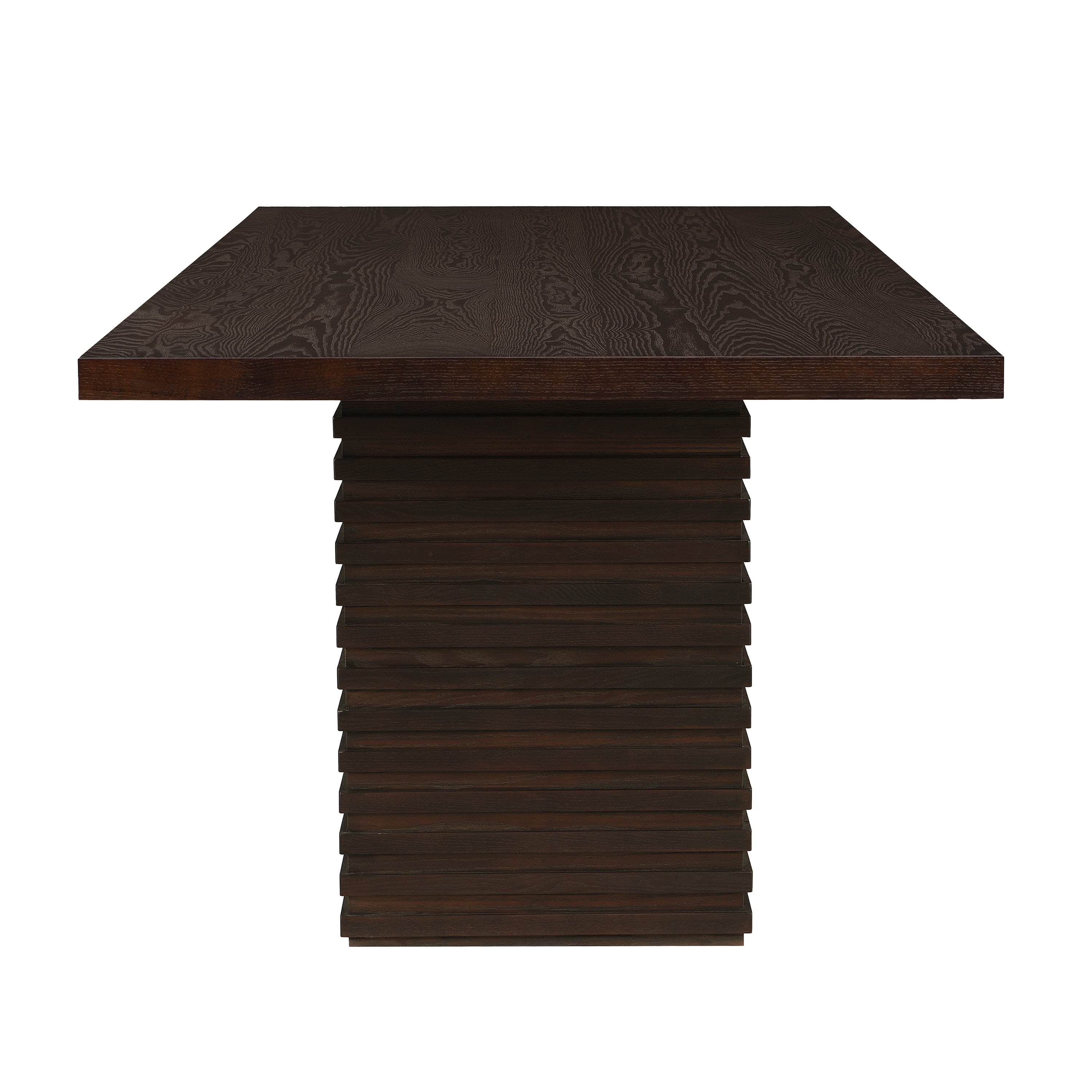 Side view of Espresso 95-Inch Dining Table showing thick solid wood top and textured ribbed pedestal base in dark espresso finish.
