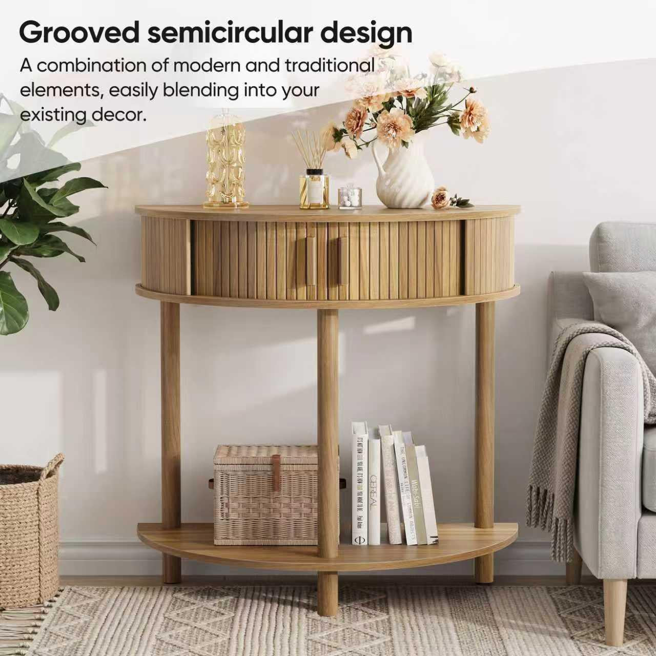 Half-Moon Console Table - Walnut for Entryway & Living Room.