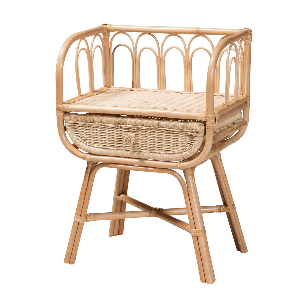 Boho-style natural rattan nightstand with an arched gallery, woven top, single storage drawer, and cross-base legs.