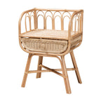Boho-style natural rattan nightstand with an arched gallery, woven top, single storage drawer, and cross-base legs.