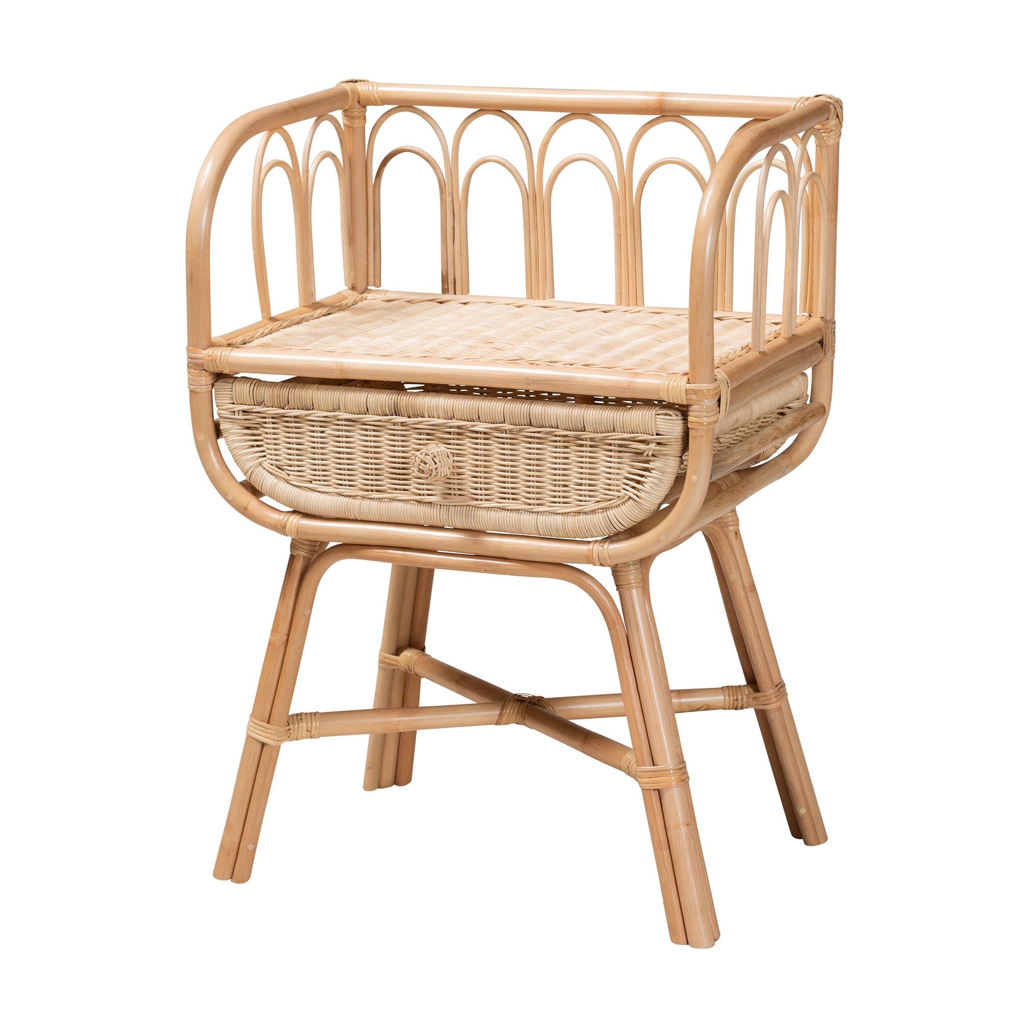 Boho-style natural rattan nightstand with an arched gallery, woven top, single storage drawer, and cross-base legs.