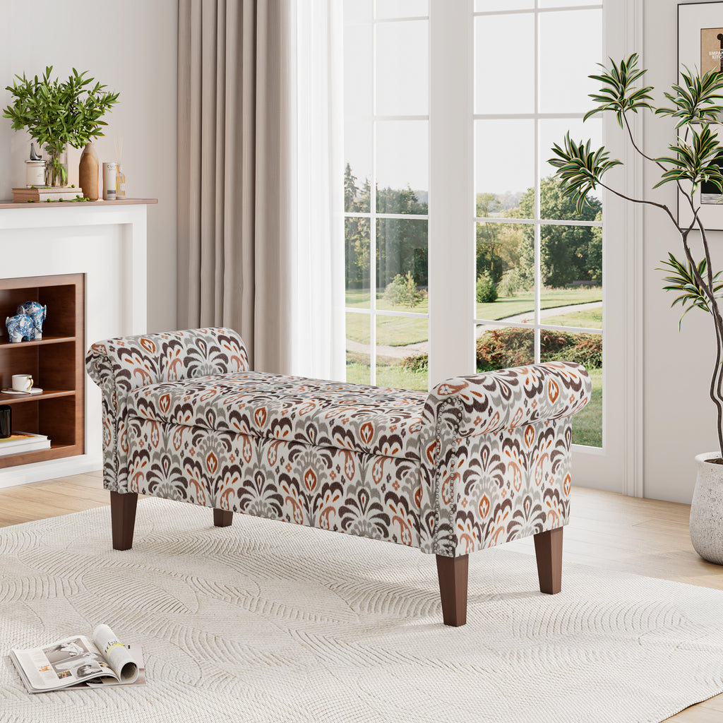 Amber Damask Rolled Arm Storage Bench with Dark Brown Wood Legs