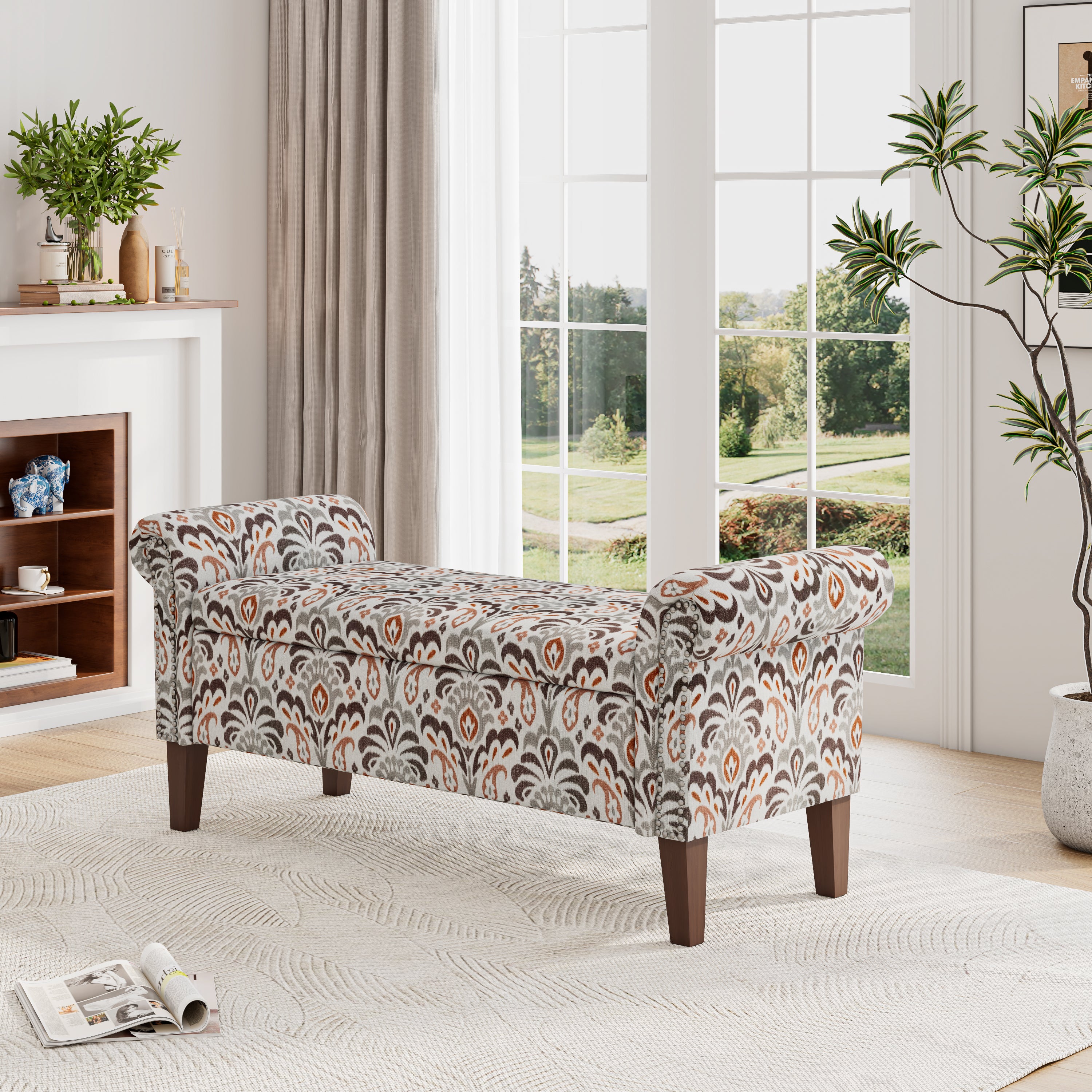 Amber Damask Rolled Arm Storage Bench with Dark Brown Wood Legs