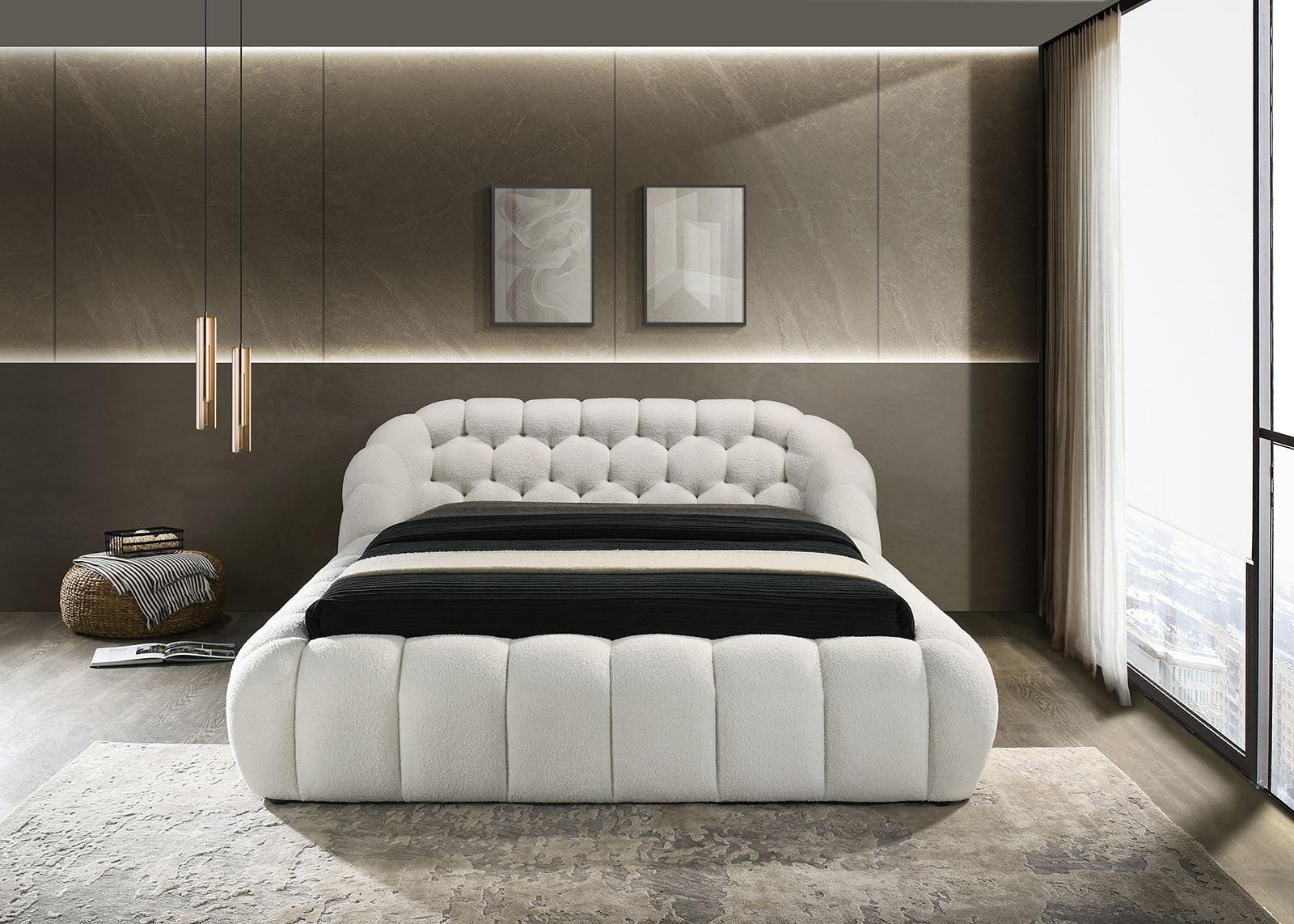 White Chenille King Size Bed with Contemporary Style.