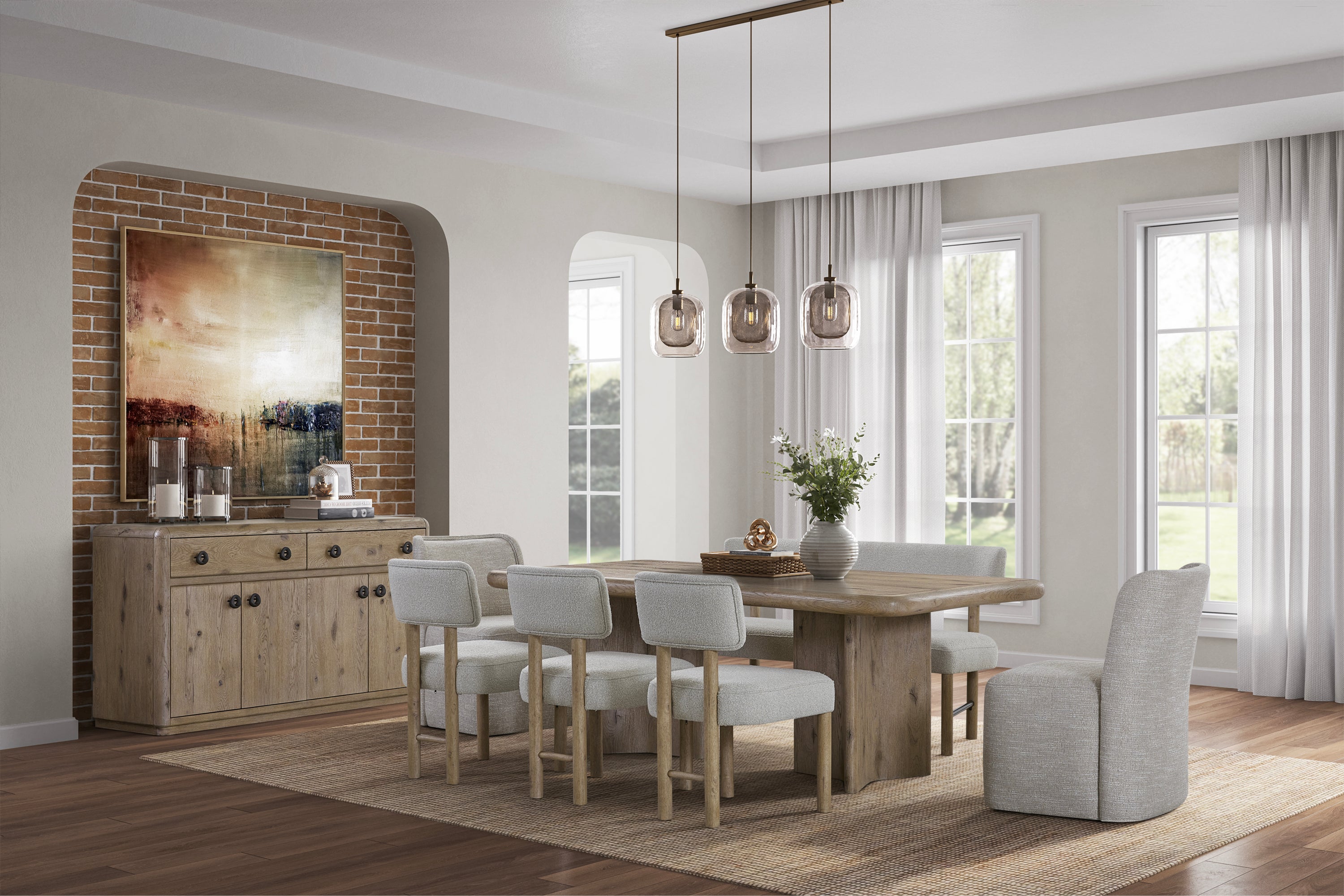 Stylish dining room featuring upholstered dining chairs set around a wooden table, combining comfort and durability in a modern setting.