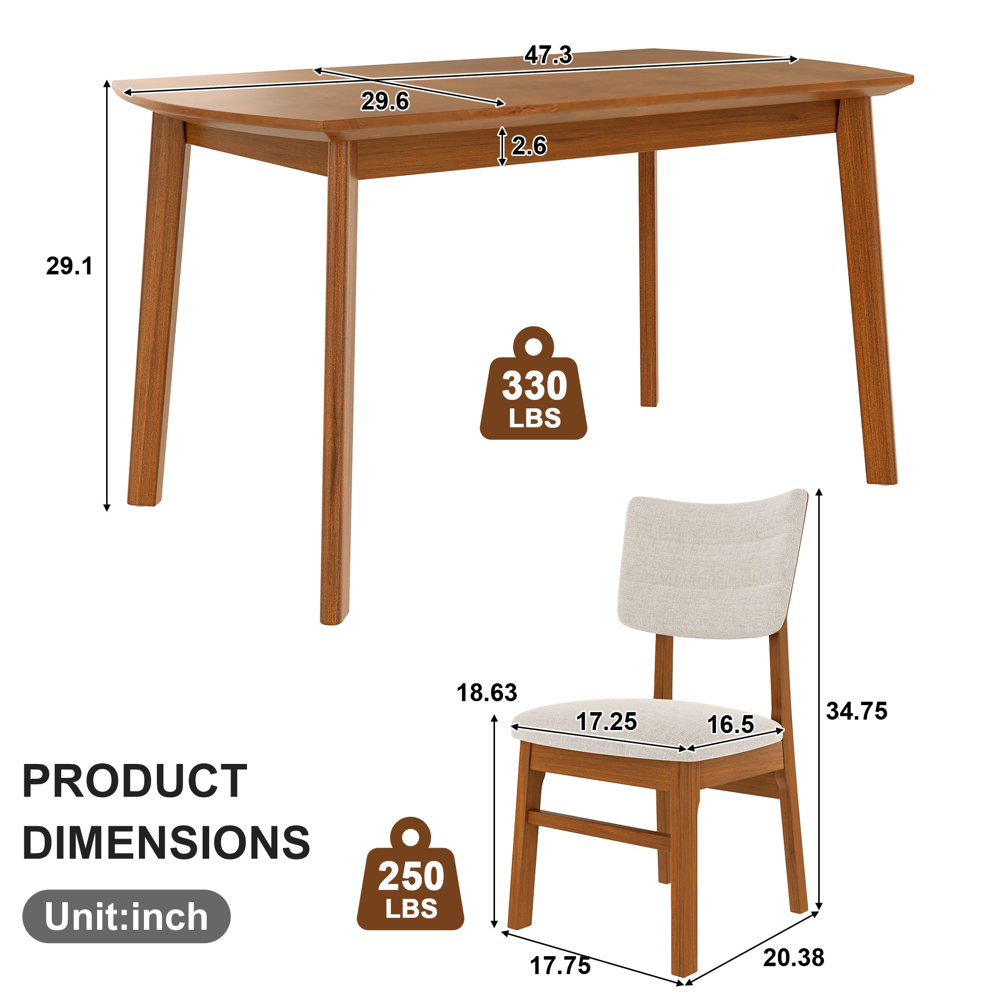Dimensions of farmhouse dining table and chair set for 4, showing weight capacity and measurements for ergonomic and space-saving design.