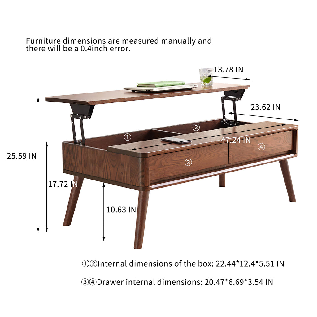 Dimension diagram of oak wood lift-top coffee table with measurements for top lift, internal box, and drawers.