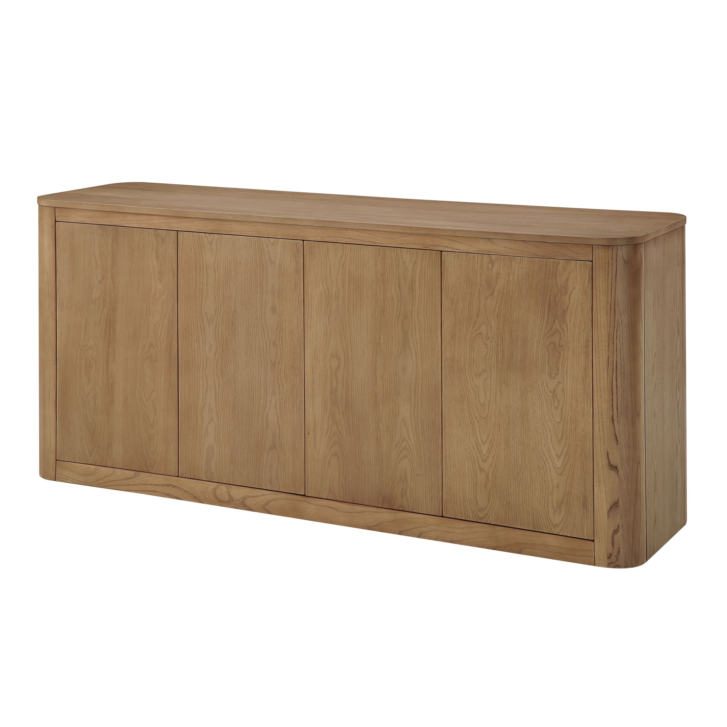 Angled view of light oak server with clean lines and rounded corners, part of 8-piece light oak dining set with upholstered chairs.