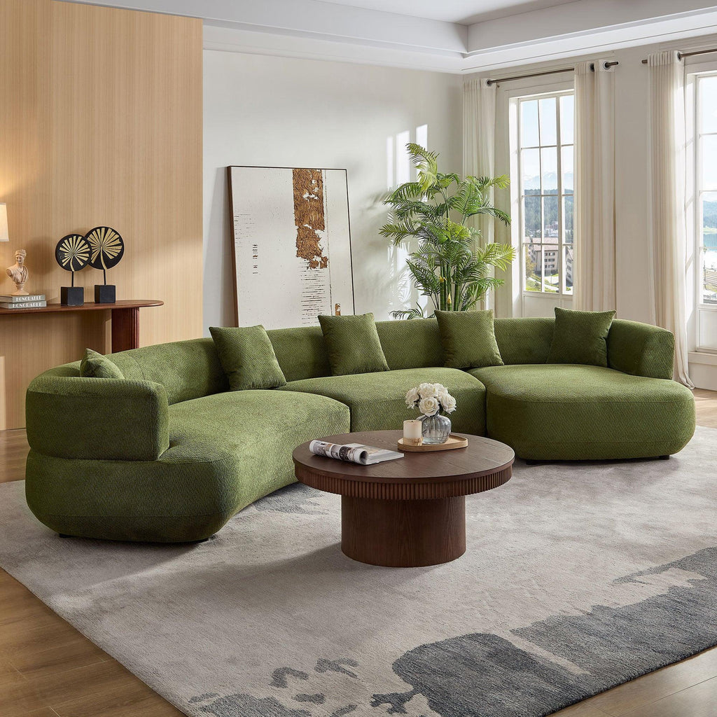155.91 inch Curved Green Sectional Sofa with 5 Pillows.