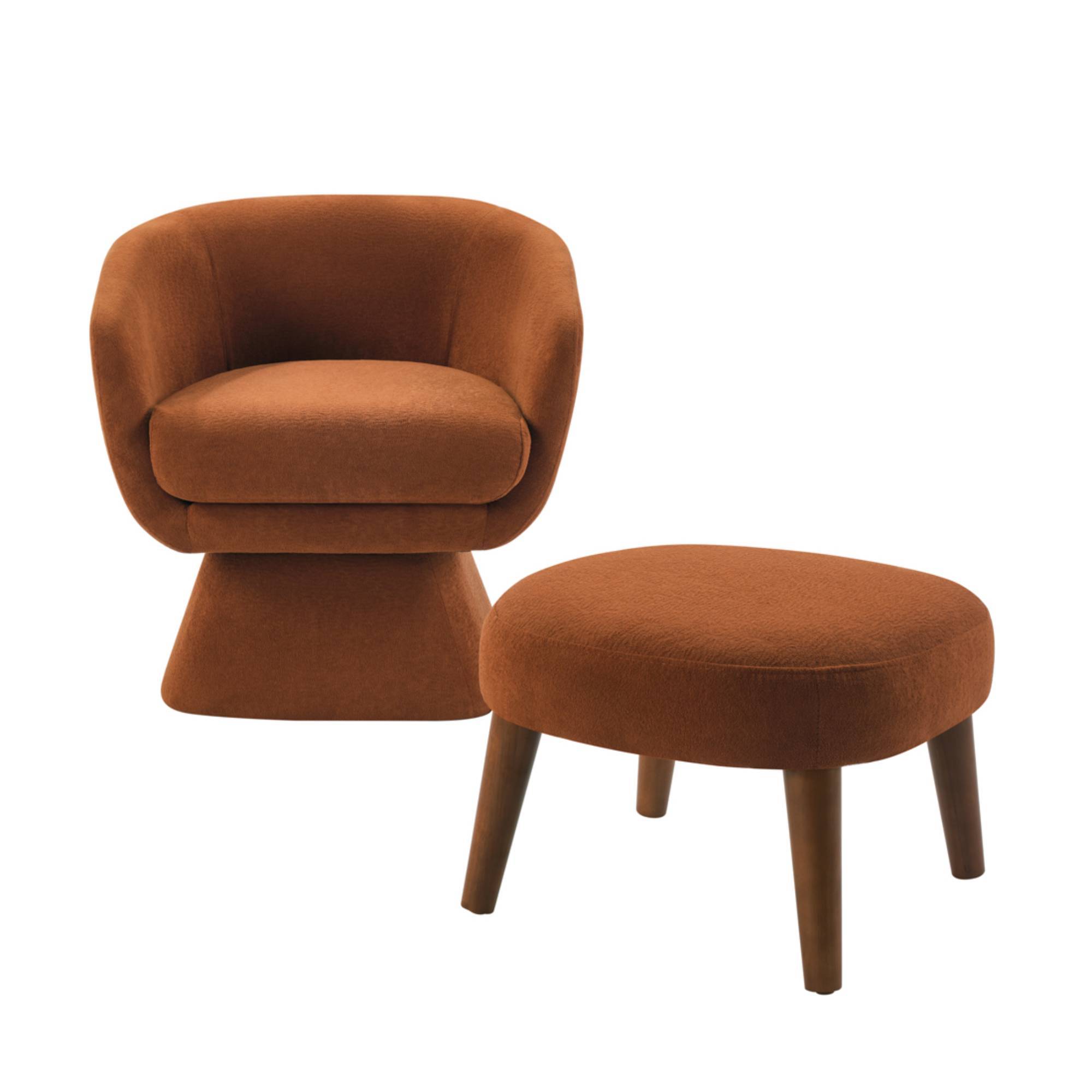 Front view of Modern Accent Chair with Ottoman in orange fabric, showcasing its stylish curves and cushioned comfort.