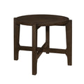 Dark brown solid wood end table with round top and sturdy rubberwood legs, ideal for living room or bedside use.