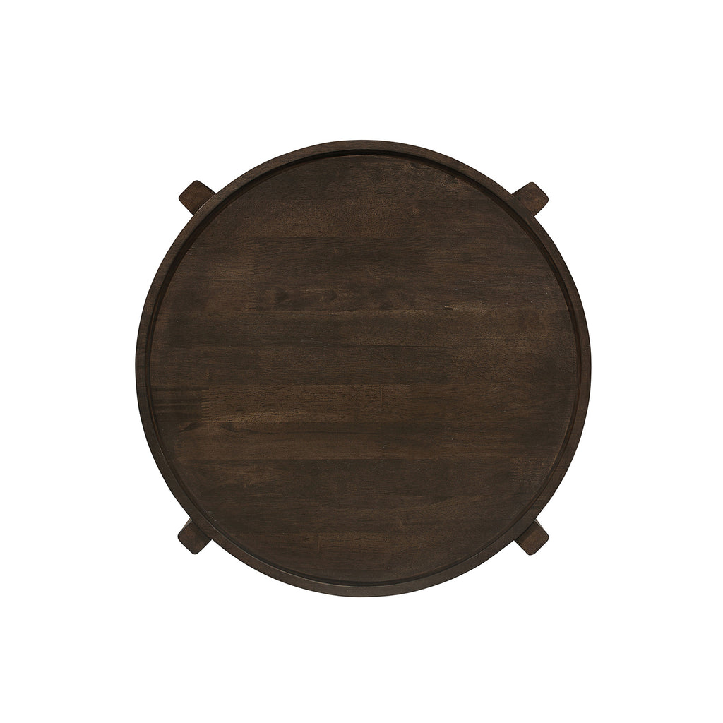 Top view of round dark brown solid wood end table, highlighting the smooth rubberwood surface and minimalist design.
