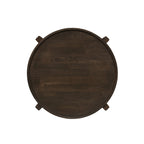 Top view of round dark brown solid wood end table, highlighting the smooth rubberwood surface and minimalist design.
