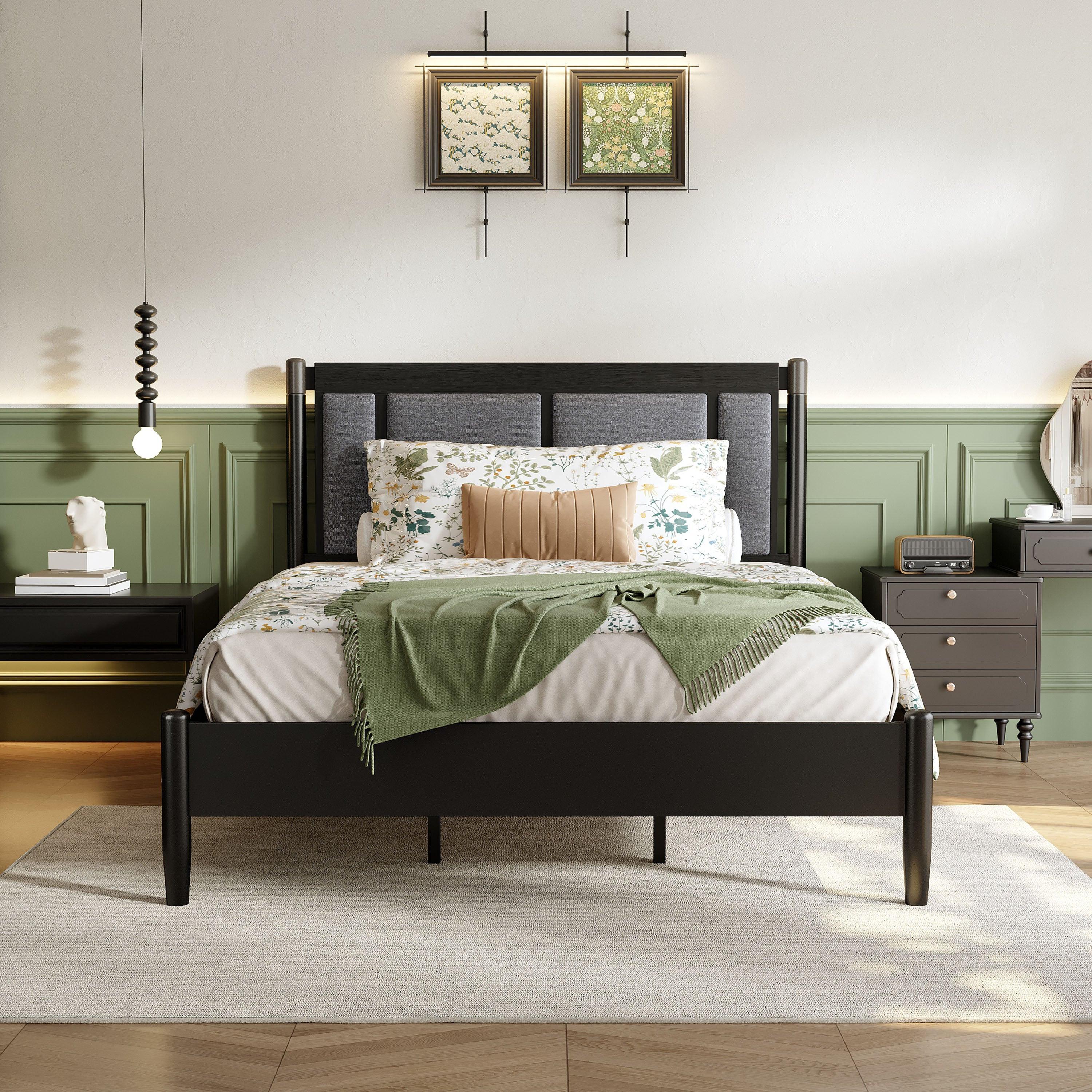Solid Wood Queen Bed - Heavy Duty, Support 500 lbs - Black Headboard.